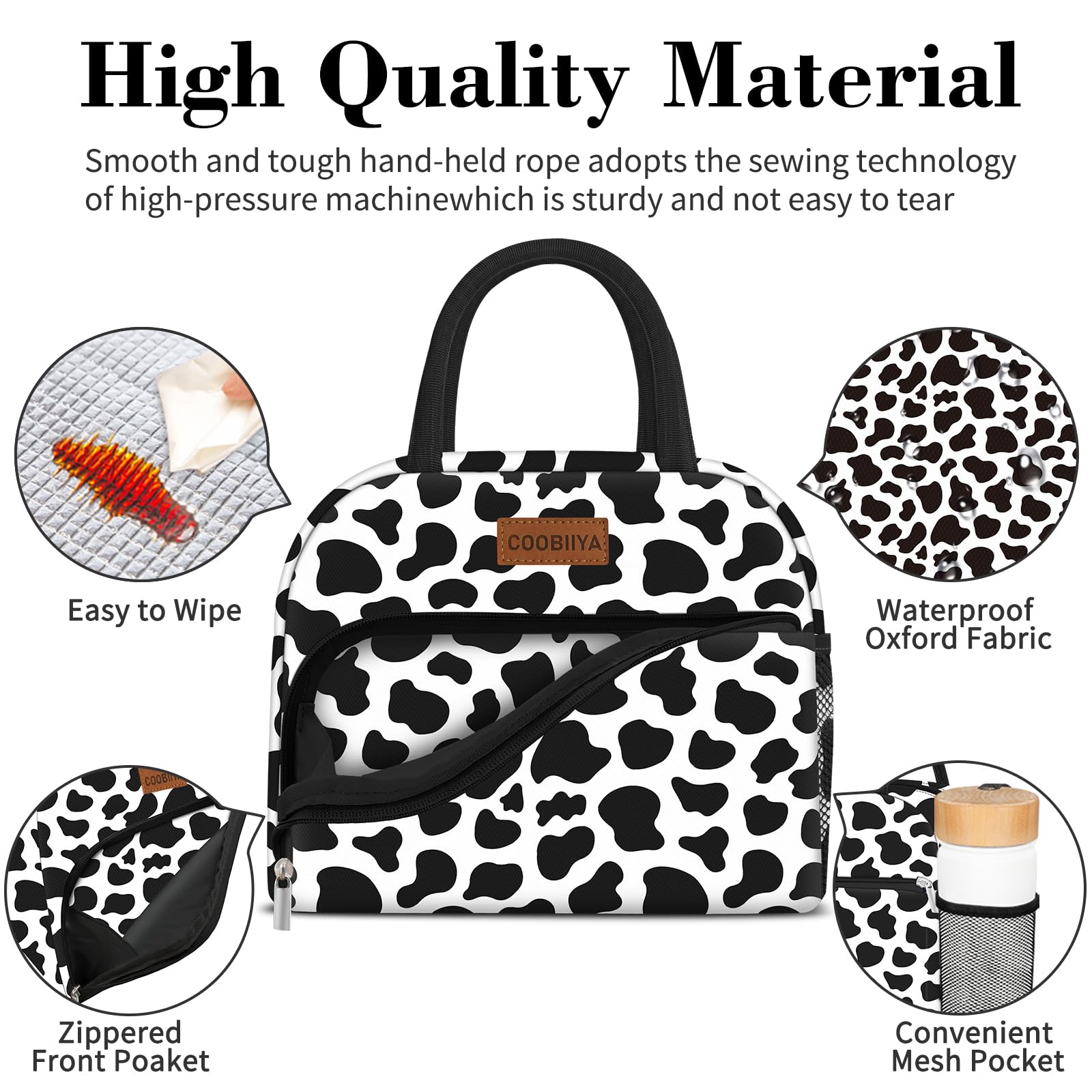 Coobiiya Lunch Bag Women, Lunch Box Lunch Bag for Women Adult Men, Small Leakproof Cute Lunch Tote Large Capacity Reusable Insulated Cooler Lunch Container for Work/Office/Picnic/Travel-Cow