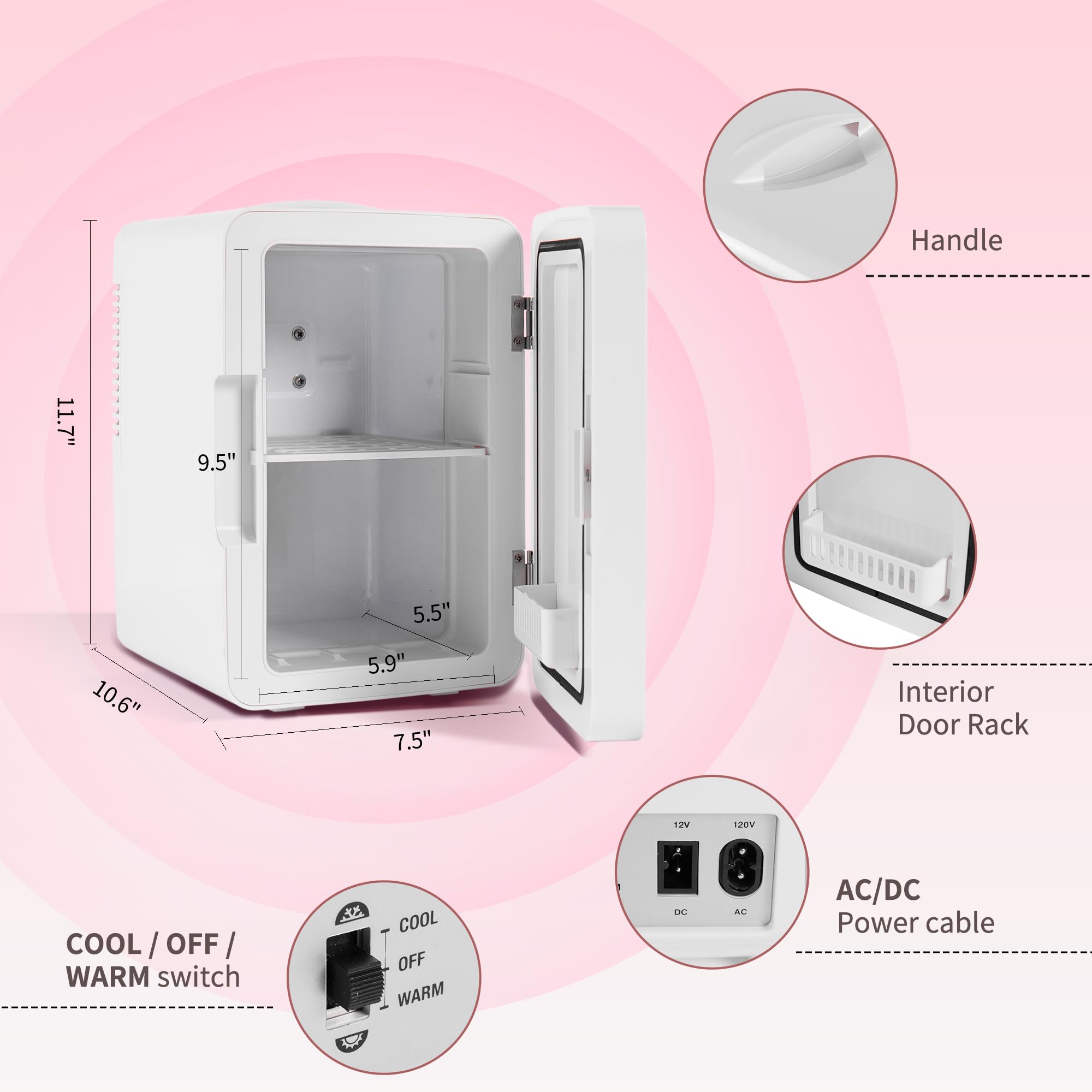 Mini Fridge for Bedroom 6L/8 Cans Skincare Fridge with LED Miroor Portable Cooler & Warmer 110V AC/12V DC Compact Small Refrigerator for Skin Care Cosmetic Beverages Drinks, Office Dorm and Car, White