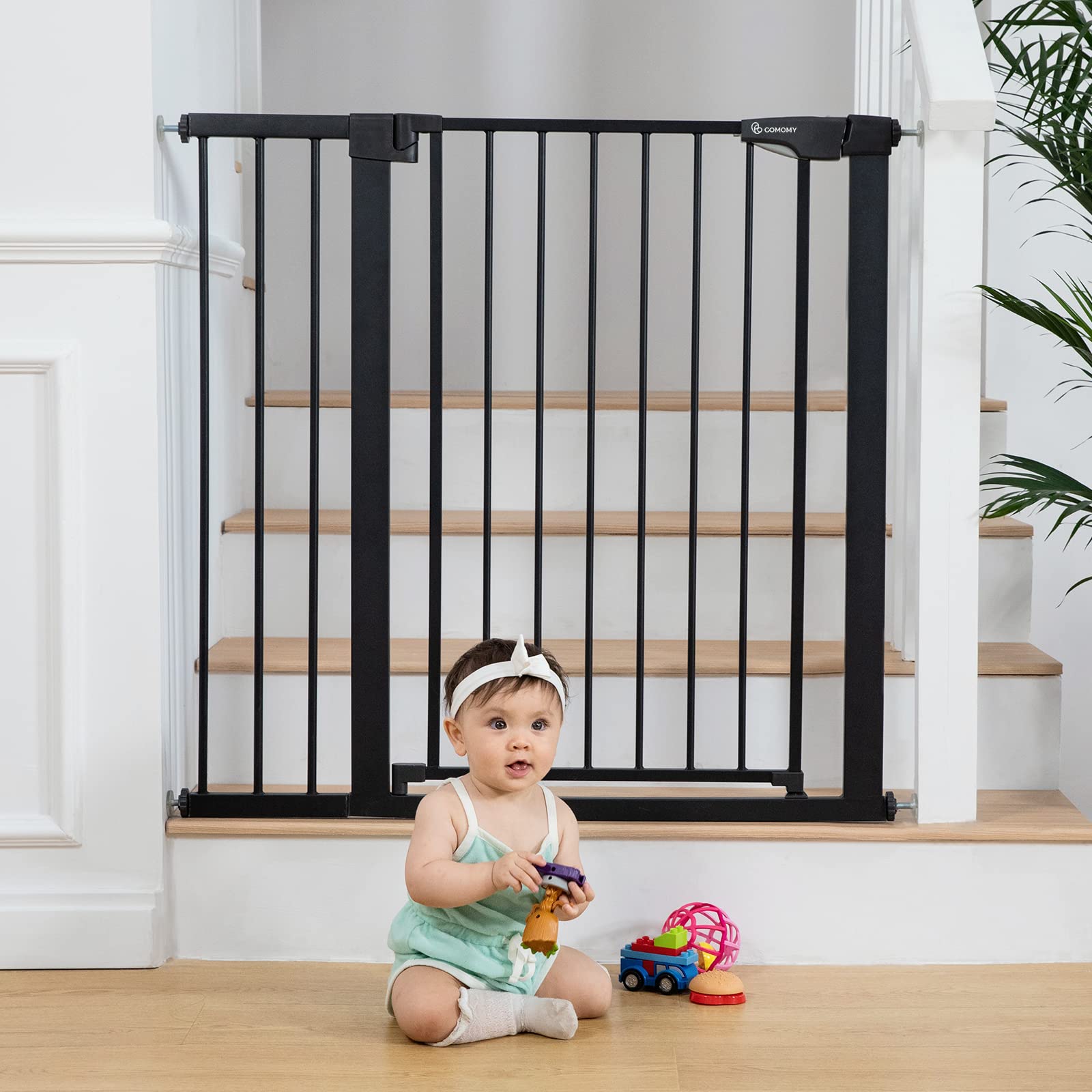 COMOMY 36" Extra Tall Baby Gate for Stairs Doorways, Fits Openings 29.5" to 48.8" Wide, Auto Close Extra Wide Dog Gate for House, Pressure Mounted Easy Walk Through Pet Gate with Door, Black