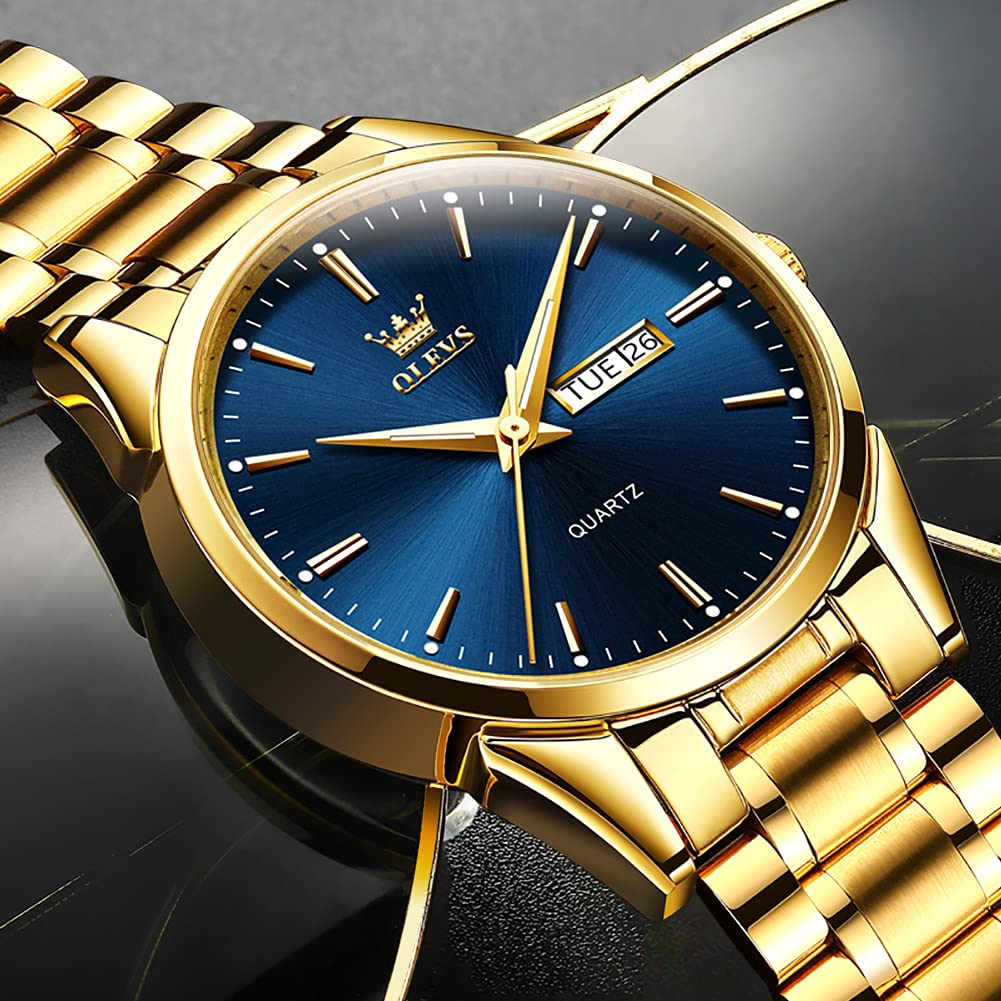 OLEVS Gold Steel Watches for Men,Day Date Watches Men Gold,Mens Watch Blue Dial,Gold Watch Men with Day,Mens Watch,Dress Waterproof Men Watches,Luminous Men Watch,Classic Watch for Men