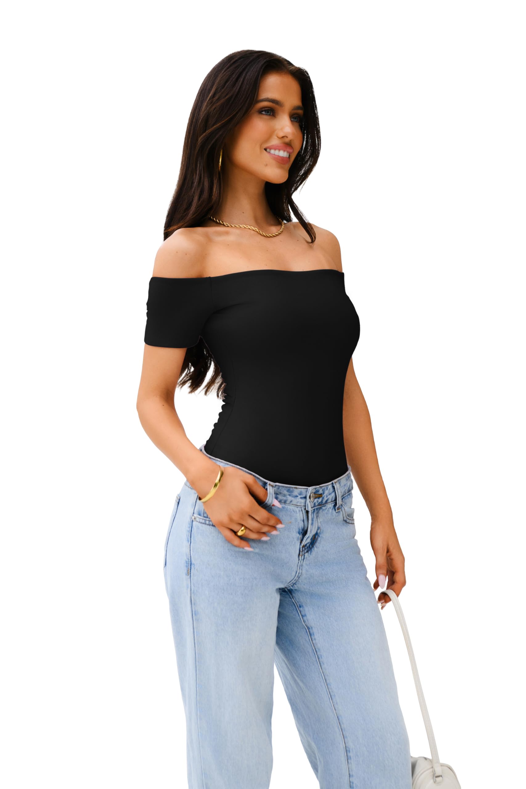 REORIA Womens Sexy Casual Off The Shoulder Short Sleeve Backless Going Out Double Lined Fitted Thong Bodysuit Tops Black Onyx Small