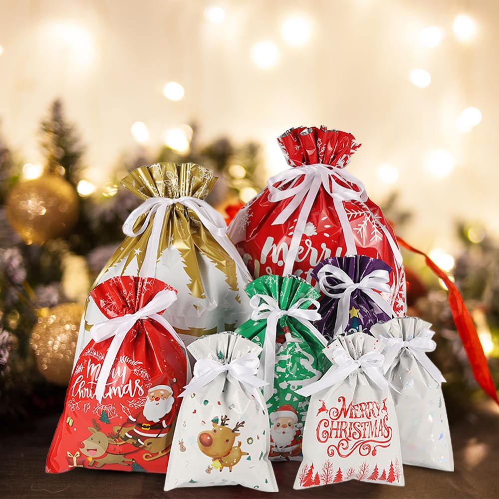 Drawstrings Christmas Gift Bags, 2024 Upgraded Christmas Foil Gift Wrapping Sacks Pouches Candy Cookie Gift Giving, Holiday Wrapping Multicolor Xmas Gift Treat Bags (15)