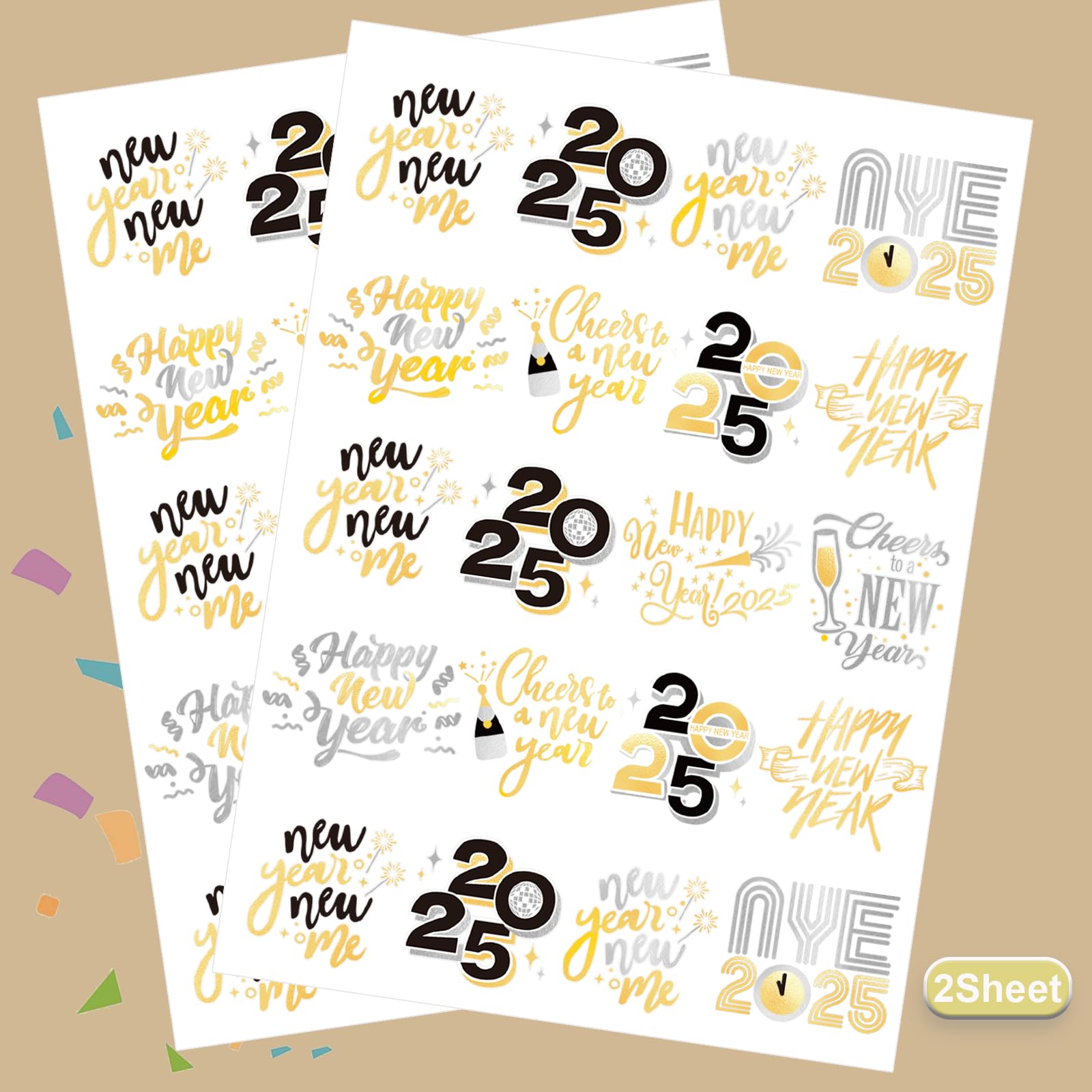 AOYOO New Years Eve Party Supplies 2025 Temporary Tattoos - 40 Glitter Styles, Black and Metallic Gold Tattoos, NYE Party Favors, Happy New Year Decorations, NYE 2025 Decor