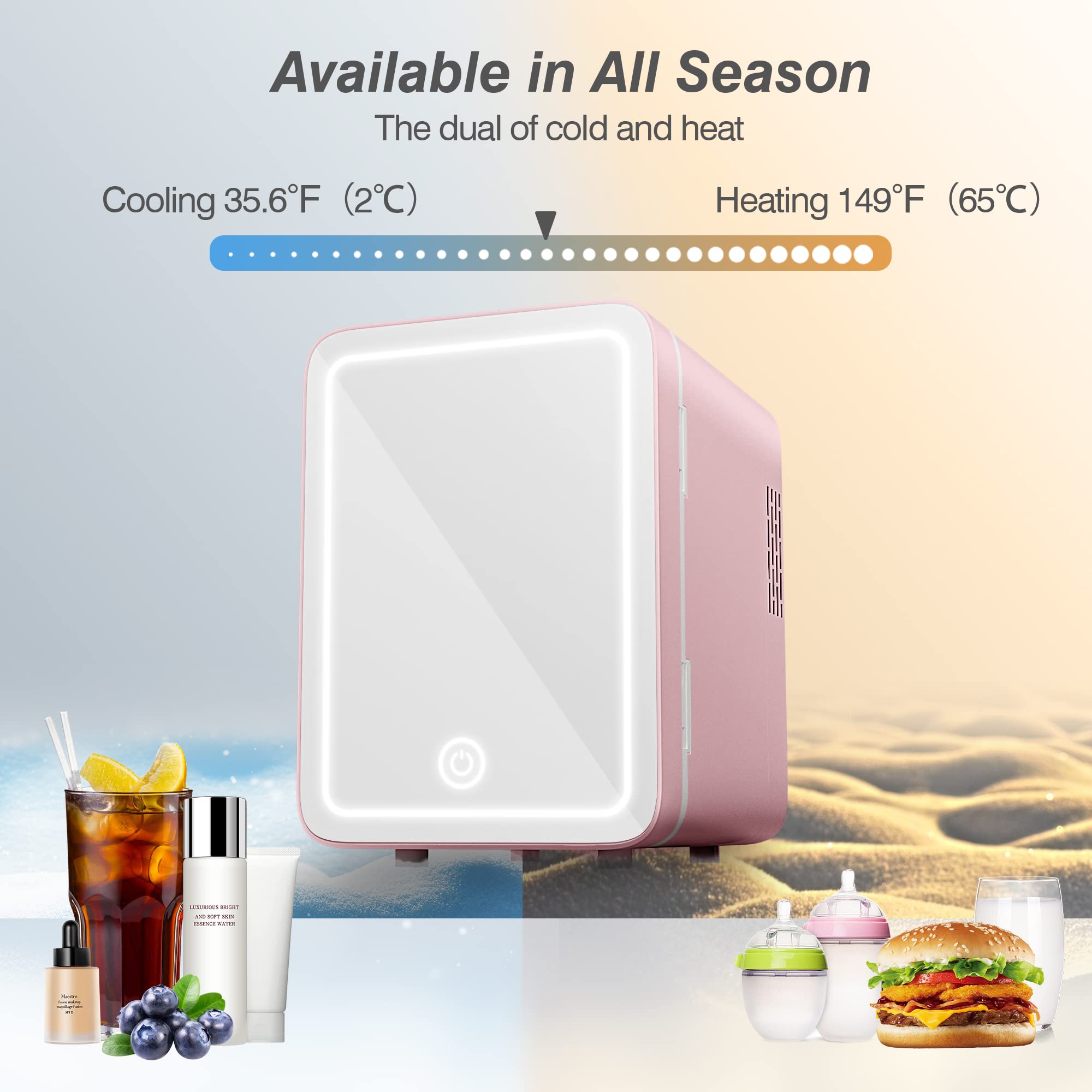 Easy-Take Skincare Fridge - Mini Fridge with Dimmable LED Mirror (4 Liter/6 Can), Cooler and Warmer, Makeup Fridge for Skincare and Food, Mini Fridge for Bedroom, Office and Car, White