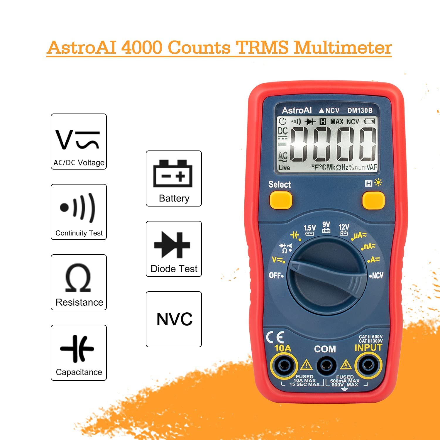 AstroAI Digital Multimeter, Voltmeter 1.5v/9v/12v Battery Voltage Tester Auto-Ranging/Ohmmeter/DMM with Non-Contact Voltage Function, Accurately Measures Voltage Current Amp Resistance Capacitance