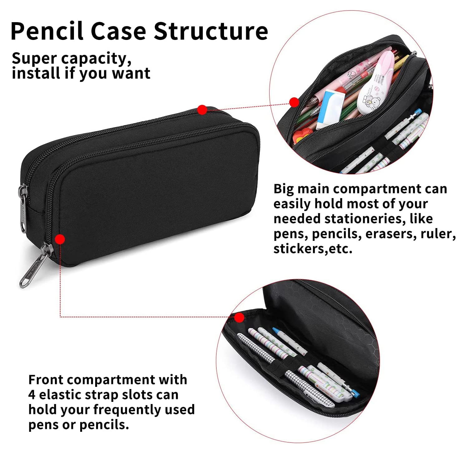 Della Gao Pencil Case Large Capacity Pencil Pouch Aesthetic Pen Bag Office Stationery Organizer Simple Sturdy Multifunctional Pencil Bag for Men - Black