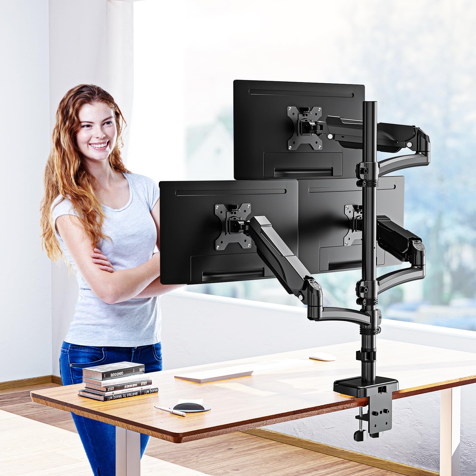 MOUNTUP Triple Monitor Mount Holds 4.4-17.6lbs, Up to 32 Inch Monitor Stand for 3 Monitors, Triple Monitor Stand with Gas Spring Arm with Clamp/Grommet Base VESA 75x75/100x100 MU6013A