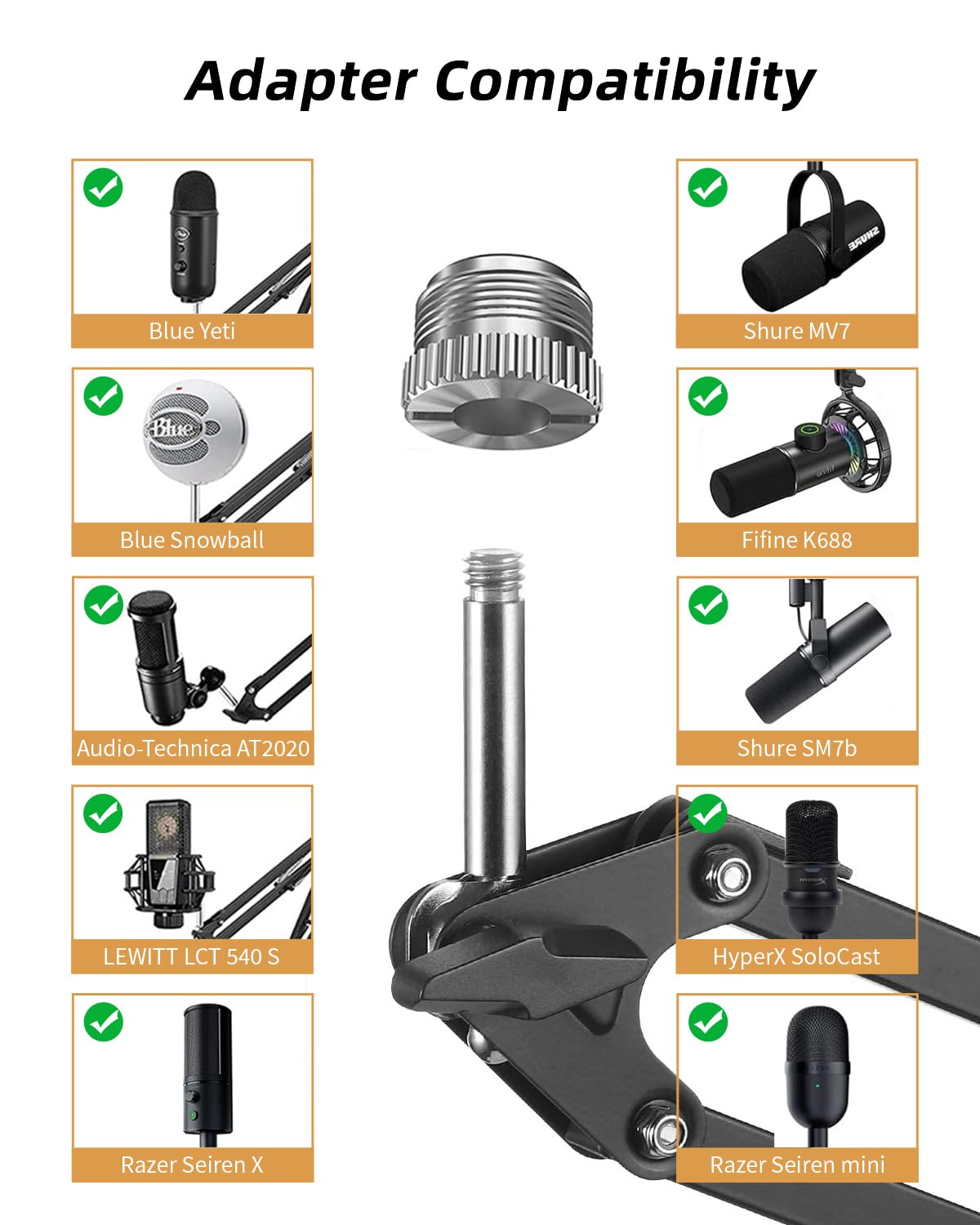 QuadCast Mic Arm,Overhead Boom Arm Microphone Stand Desk Mount with Adapter Pop Filter High Profile for HyperX S Quadcast Blue Yeti Shure SM7B Rode Razer Seiren Mini SoloCast Elgato Wave, Fifine Mics