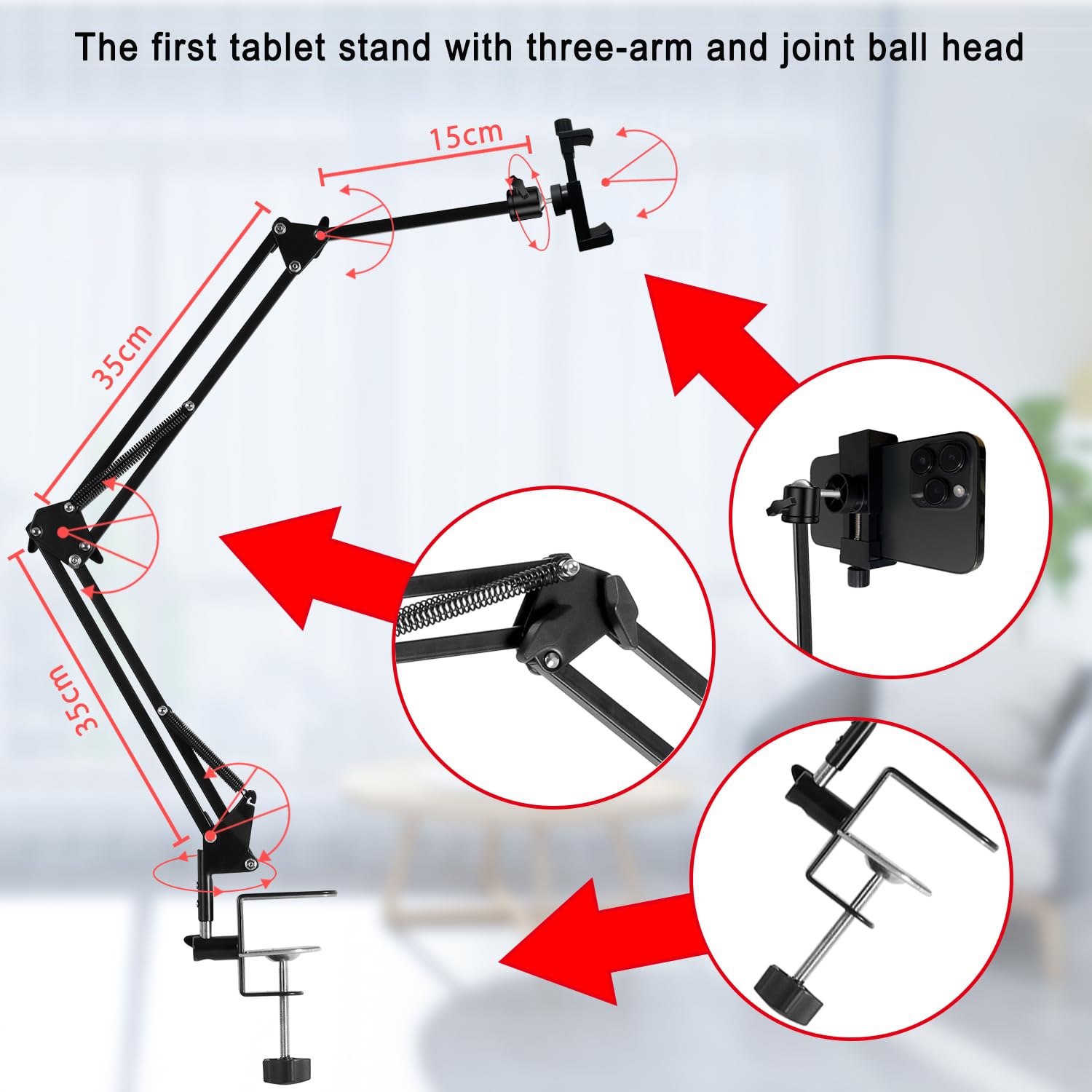 Phone Holder Stand Cell Phone stand for Bed Flexible Carbon Steel Arm Adjustable Cell Phone Mount stand for bed and desk Compatible with iPhone 14 Pro Max 13 12 11 X SE or Other 4"-7" Devices