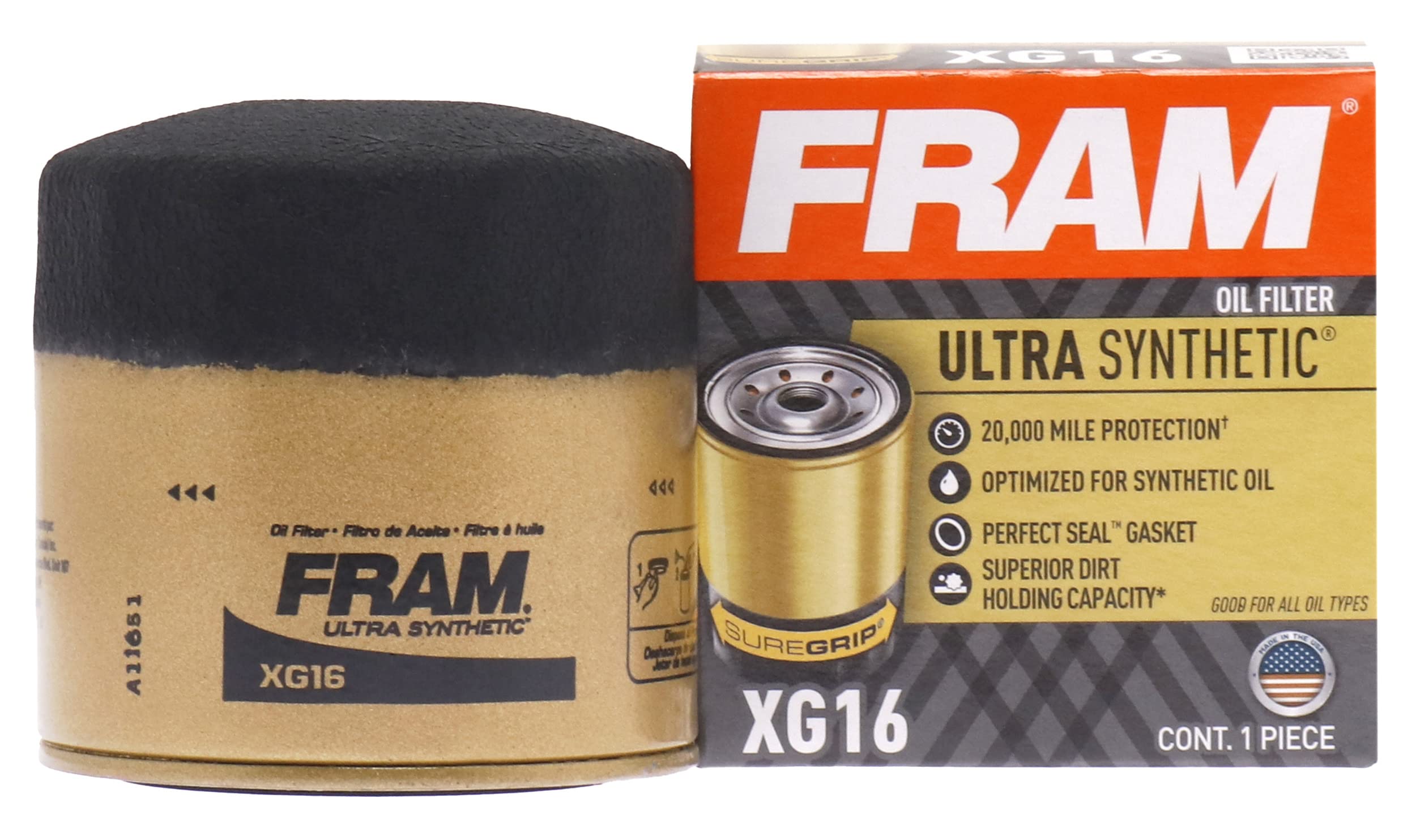 FRAM Ultra Synthetic Automotive Replacement Oil Filter, Designed for Synthetic Oil Changes Lasting up to 20k Miles, XG16 with SureGrip (Pack of 1)