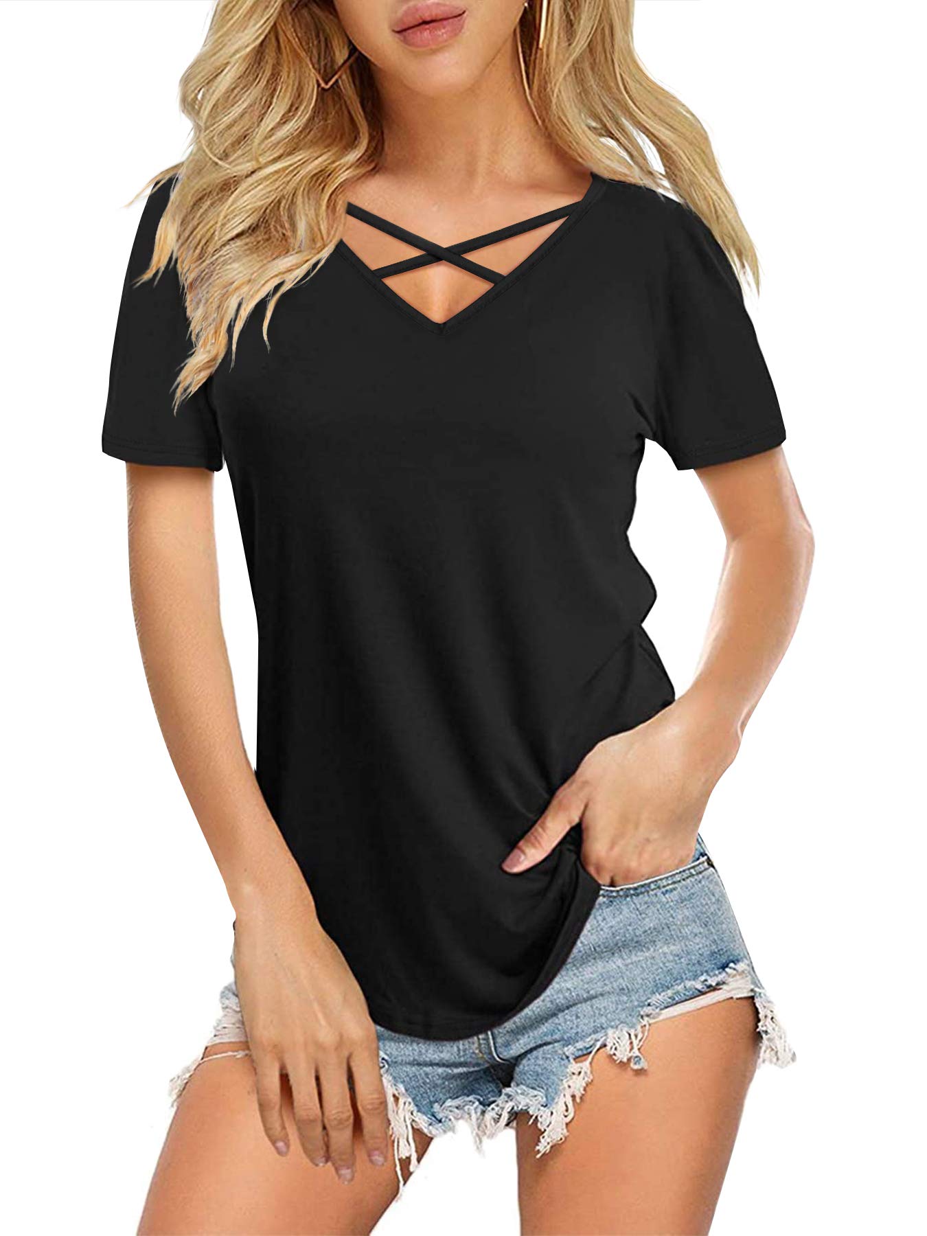 DittyandVibe Women's Short Sleeve V Neck Criss Cross T-Shirt Tops (Black,L)