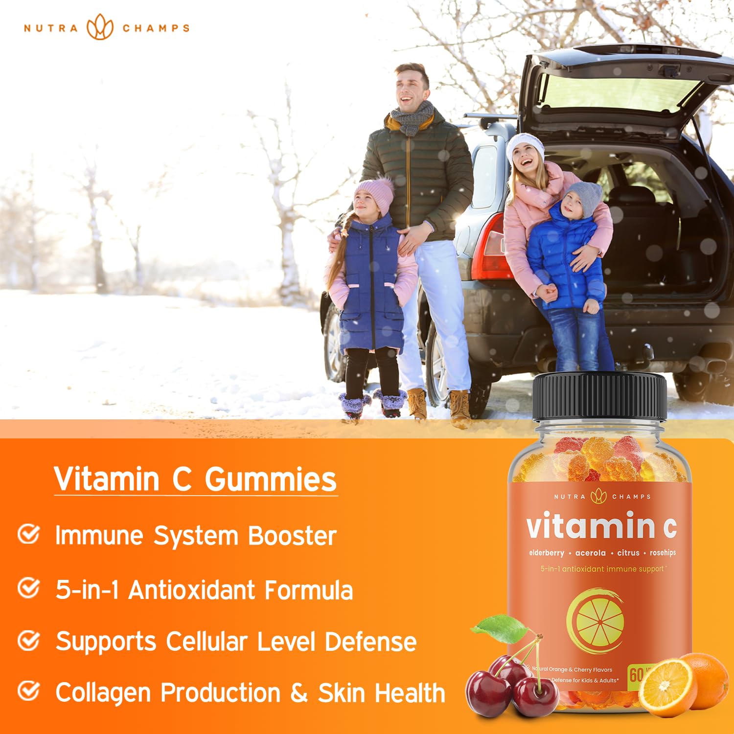 Vitamin C Gummies for Adults & Kids | 5-in-1 Immune System Support with Elderberry, Rosehips, Citrus Bioflavonoids & Acerola Cherry | Vegan VIT C Immunity Booster Supplement Chewable Gummy (2 Pack)