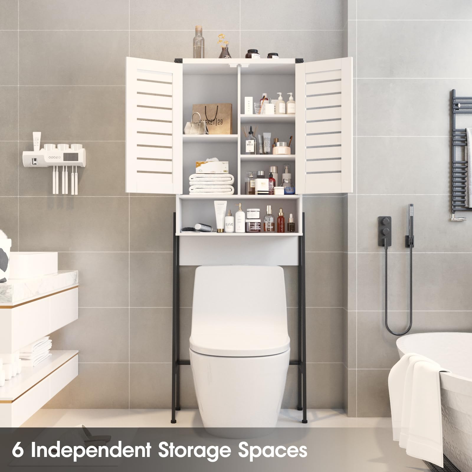 Saedew Over Toilet Storage Cabinet with 2-Door Blinds, Freestanding Space Saver with Organizer, White