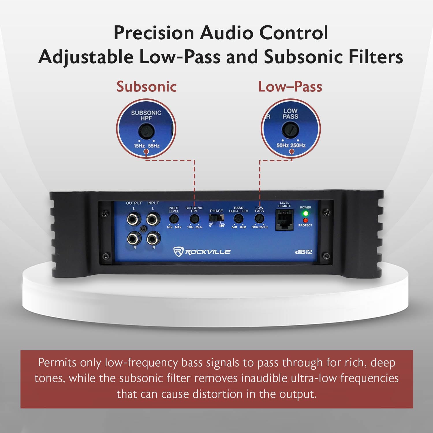 Rockville dB12 2000W Mono 2-Ohm Car Amplifier, High-Speed MOSFET, Adjustable 12dB Crossover, LED, Remote Sub Control, Perfect for Car Audio and Subs