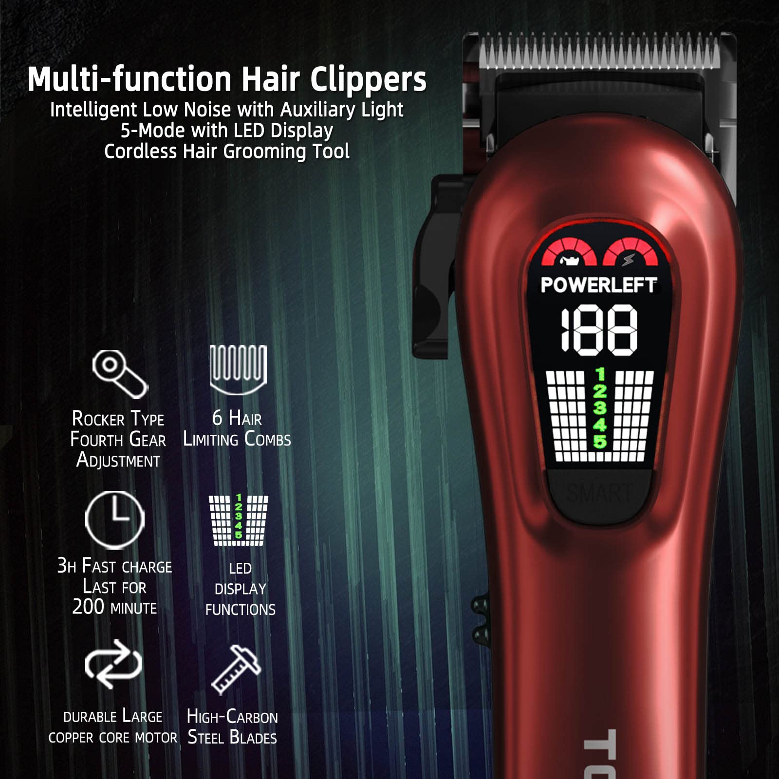 TCMKY Hair Clippers for Men Professional Hair Trimmer for Men Cordless&Corded Barber Clippers for Hair Cutting & Grooming. Rechargeable Hair Trimmer Kit for Household (Red)