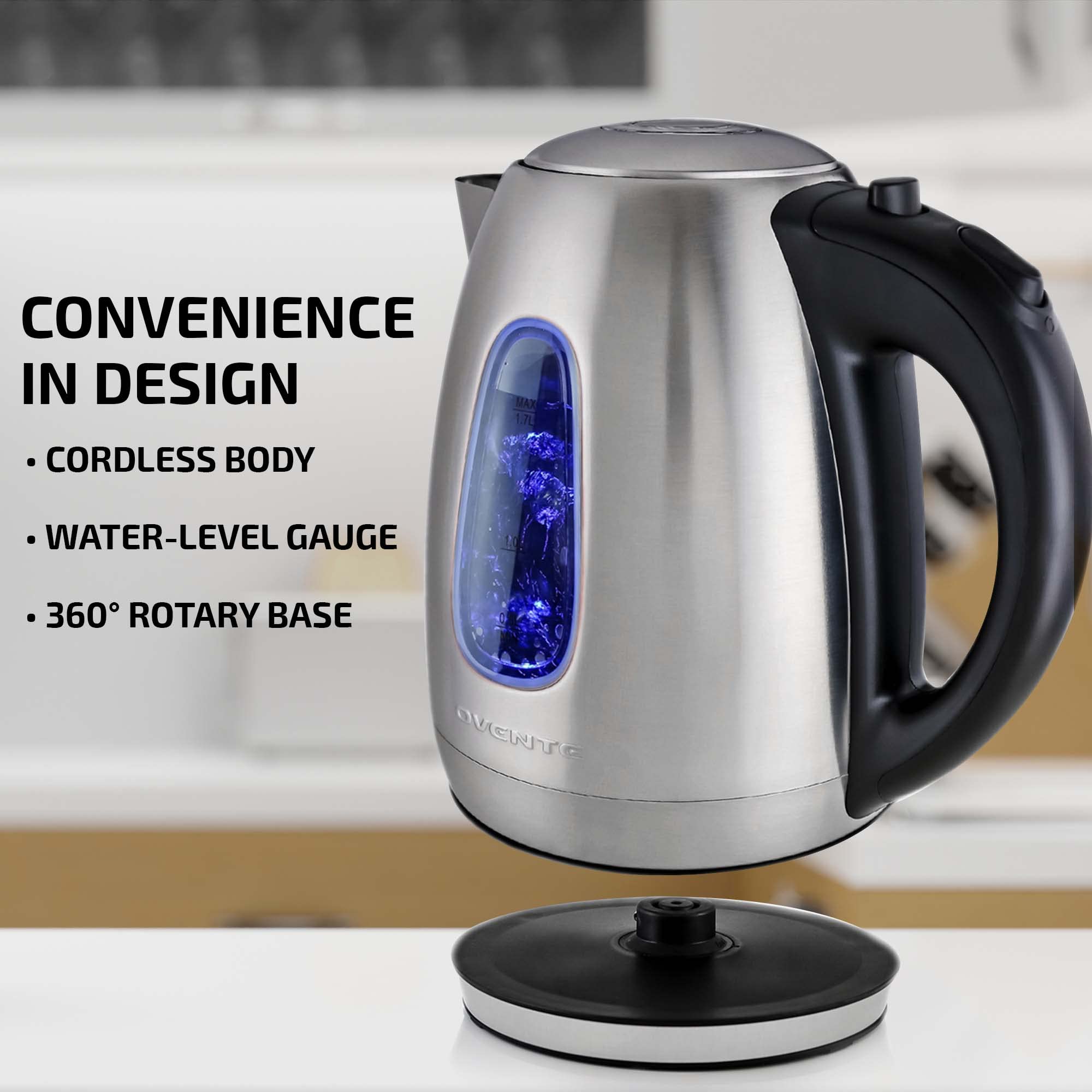 OVENTE Electric Kettle Stainless Steel Instant Water Boiler BPA Free 1.7 Liter 1100 Watts Fast Boiling with Cordless Body and Automatic Shut Off Safe and Perfect for Tea Coffee Milk, Silver KS96S