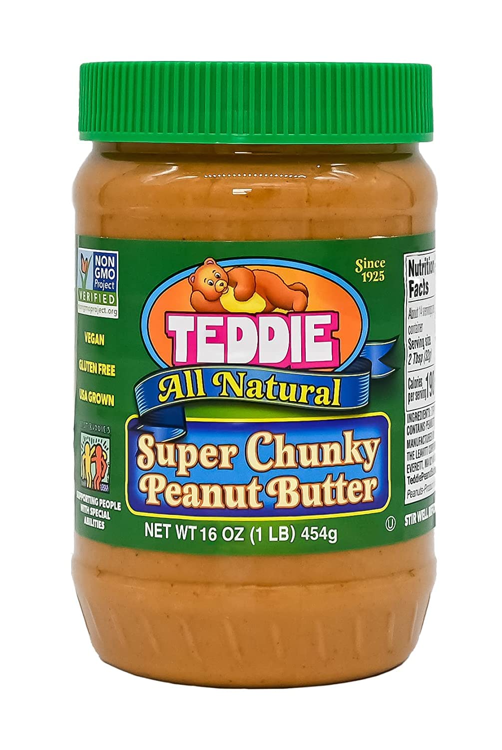 Teddie All Natural Peanut Butter, Super Chunky, Gluten Free & Vegan, 16 Ounce (Pack of 4)