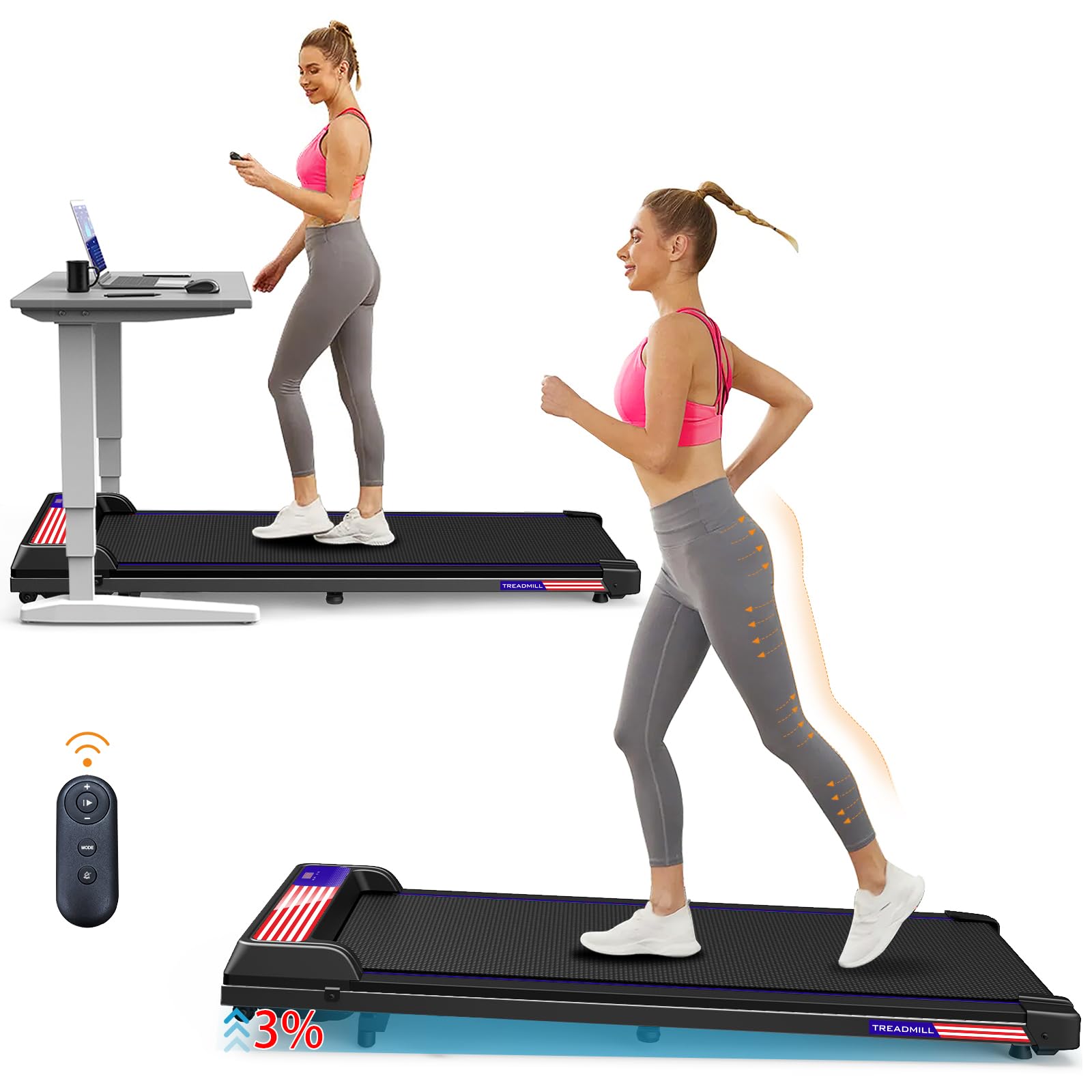 UPREIGN 3 in 1 Treadmill, Portable Under Desk Walking Pad with Incline for Home/Office, Remote Control, LED Display