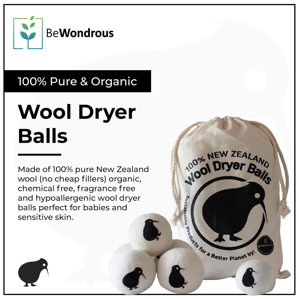 BeWondrous Wool Dryer Balls XL, 100% New Zealand Organic Wool - Reusable Natural Fabric Softener for Laundry, Dryer Sheets Alternative - Prevent Wrinkles and Anti Static (White, 6-Pack)