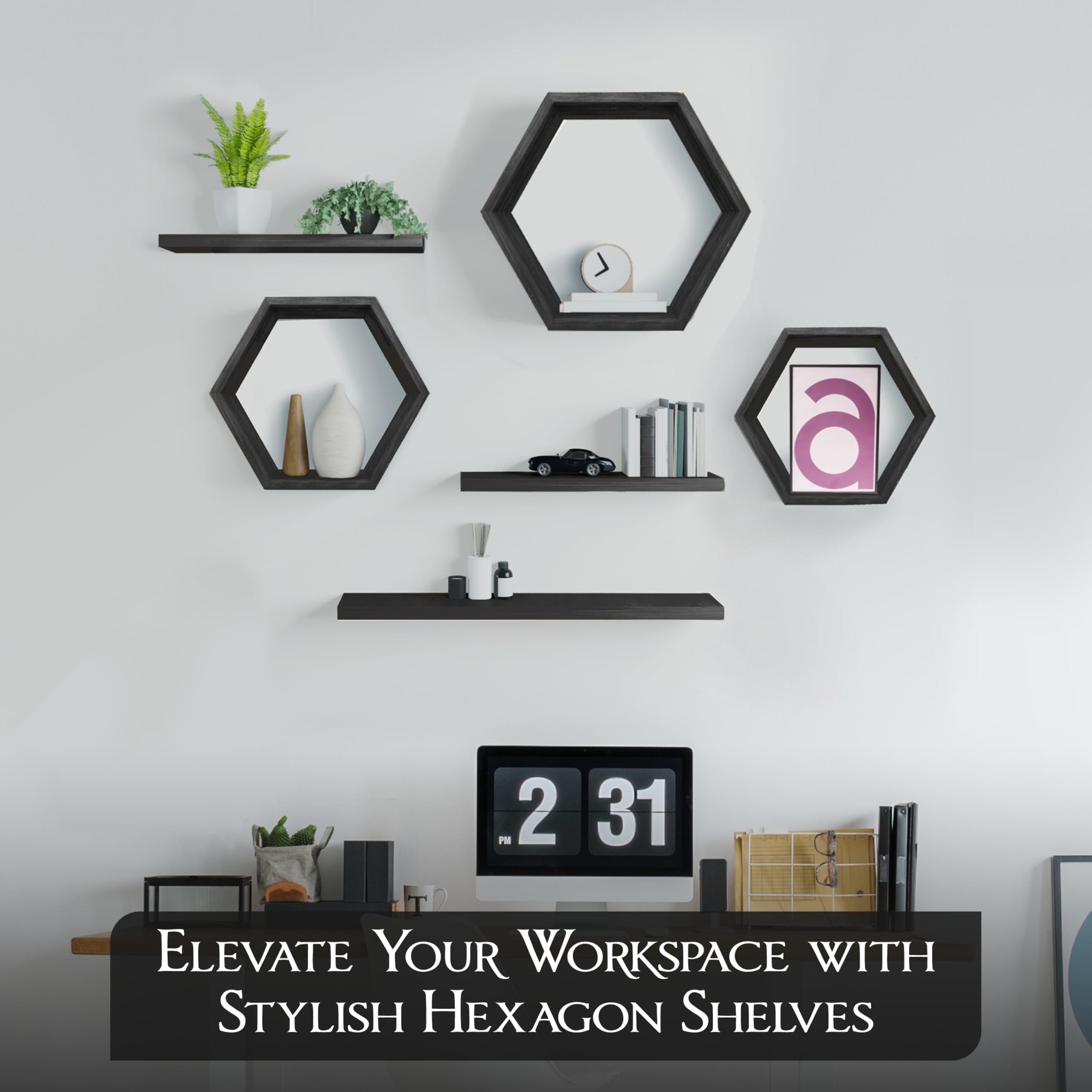 Decovate Hexagon Floating Shelves Set of 6 Honeycomb Shelves for Wall, Wooden Hexagon Shelves for Farmhouse Storage (Carbonized Black)