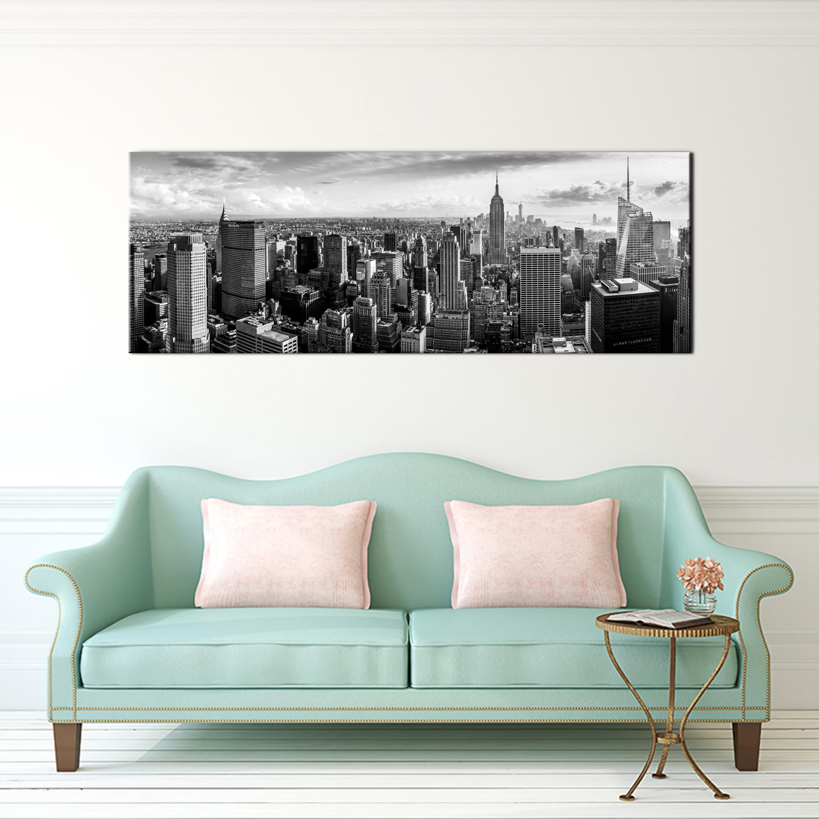 LevvArts New York Canvas Wall Art Black and White City Skyline Picture Panoramic Photo Canvas Print Modern Home Office Living Room Wall Decoration Ready to Hang 20"x55"