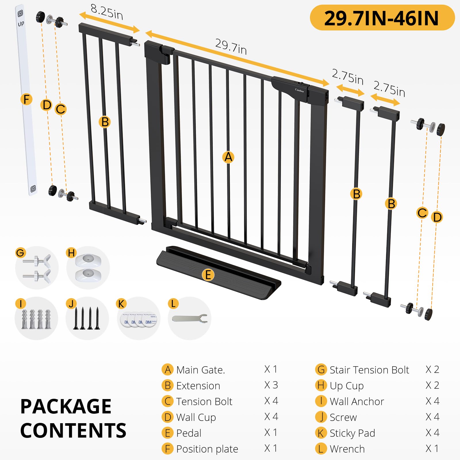 Cumbor 29.7-46" Baby Gate for Stairs, Mom's Choice Awards Winner-Auto Close Dog Gate for The House, Easy Install Pressure Mounted Pet Gates for Doorways, Dog Accessories Indoor for Kitchen, Black