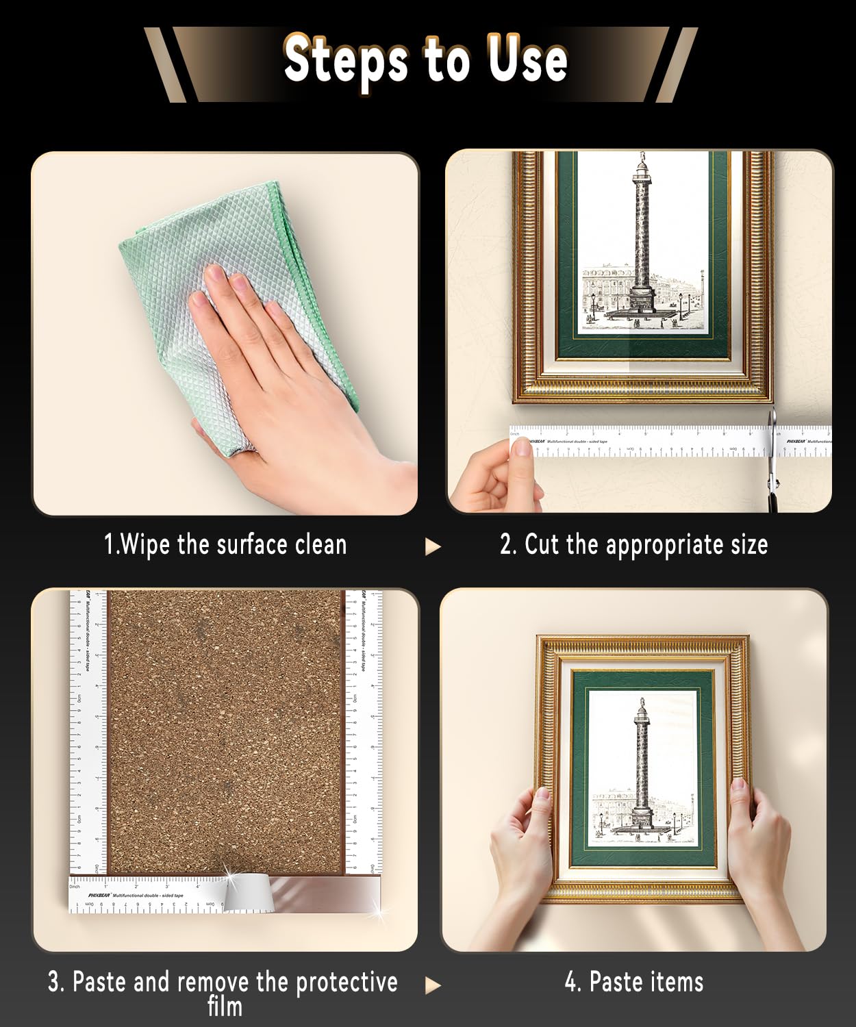 PHIXBEAR Double Sided Tape Heavy Duty with Dual Measurement Scale (CM/INCH), No Residue Clear Invisible Nano Tape mounting for Wall Hanging Posters, Rug,Decor