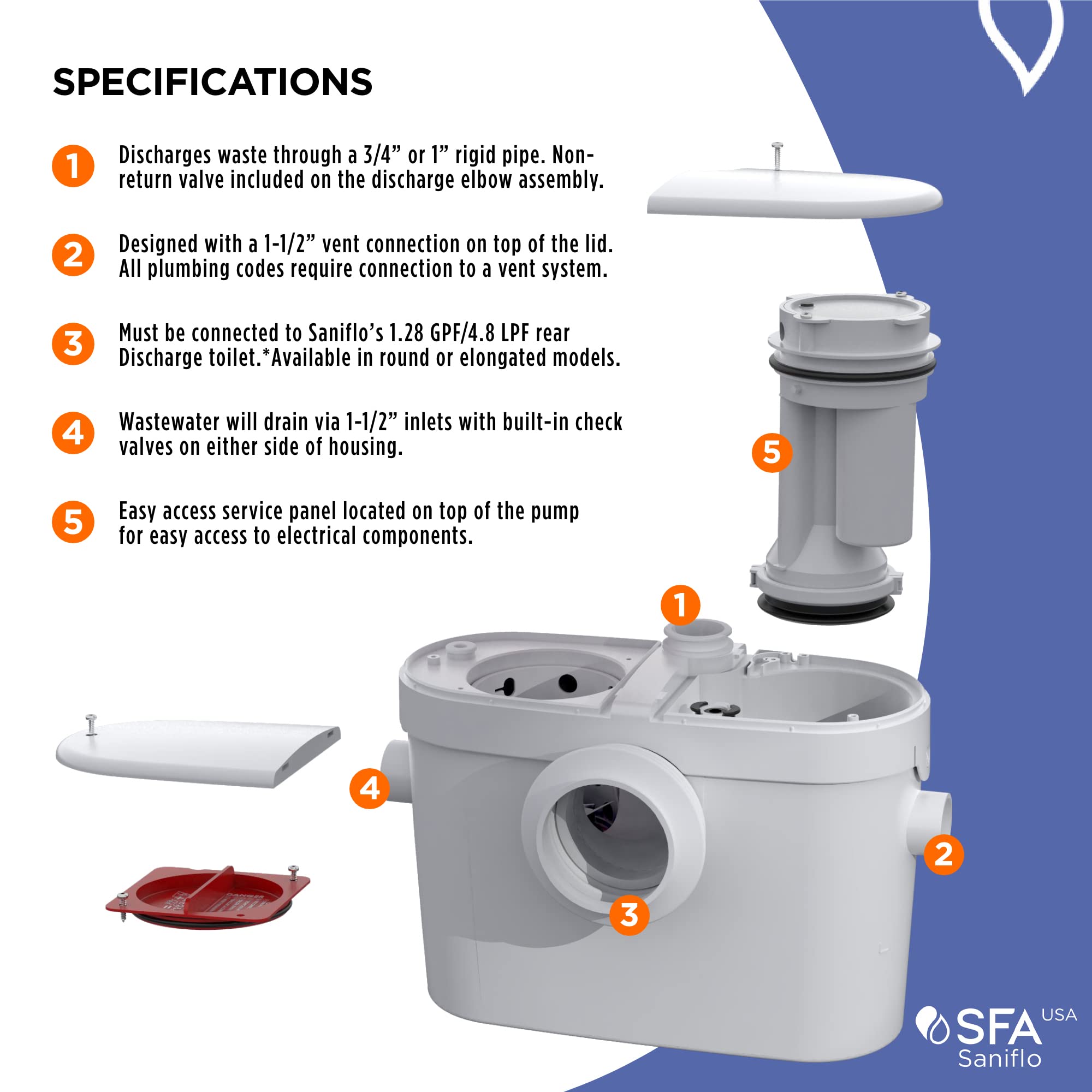 SANIFLO Saniaccess 2 + Toilet Bowl Round + Toilet Tank Bundle - Residential - White