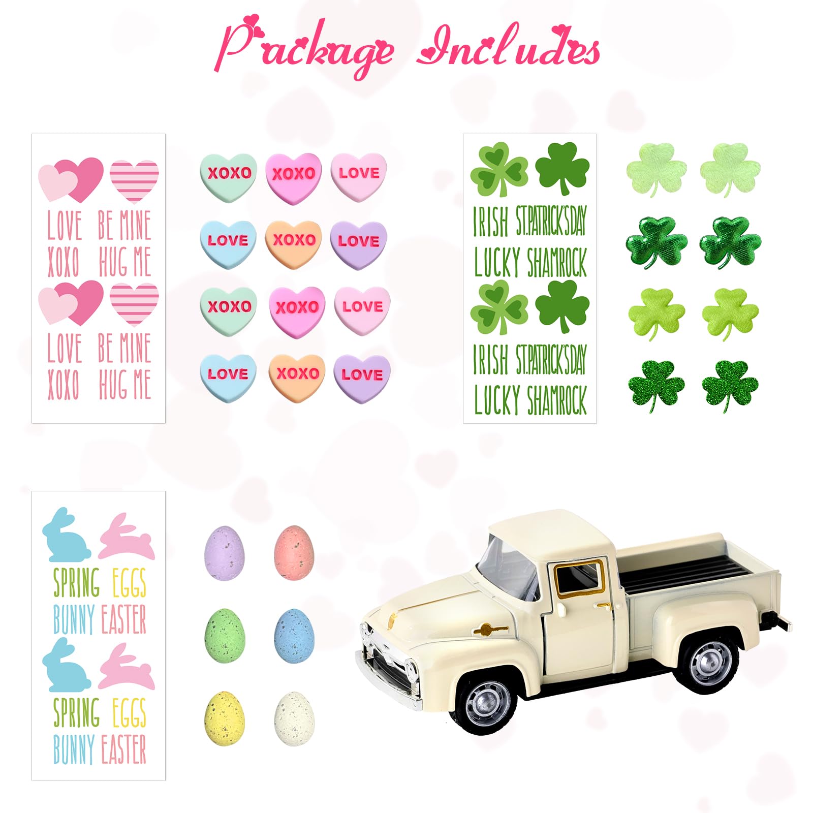 Bunny Chorus Valentines/St. Patrick’s/Easter Decor, Rustic Metal Farm Truck with Valentine Candy Heart St Patricks Day Shamrock Easter Egg, Valentines Day Decor for Home Table Valentines Decor Gifts