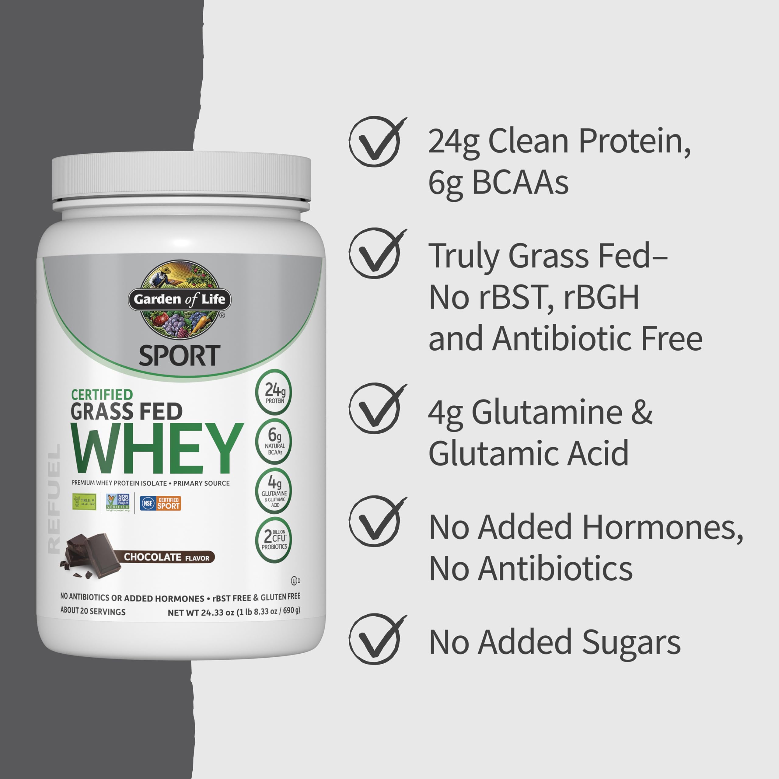 Garden of Life Sport Whey Protein Powder Chocolate, Premium Grass Fed Whey Protein Isolate Plus Probiotics for Immune System Health, 24g Protein, Non GMO, Gluten Free, Cold Processed - 20 Servings