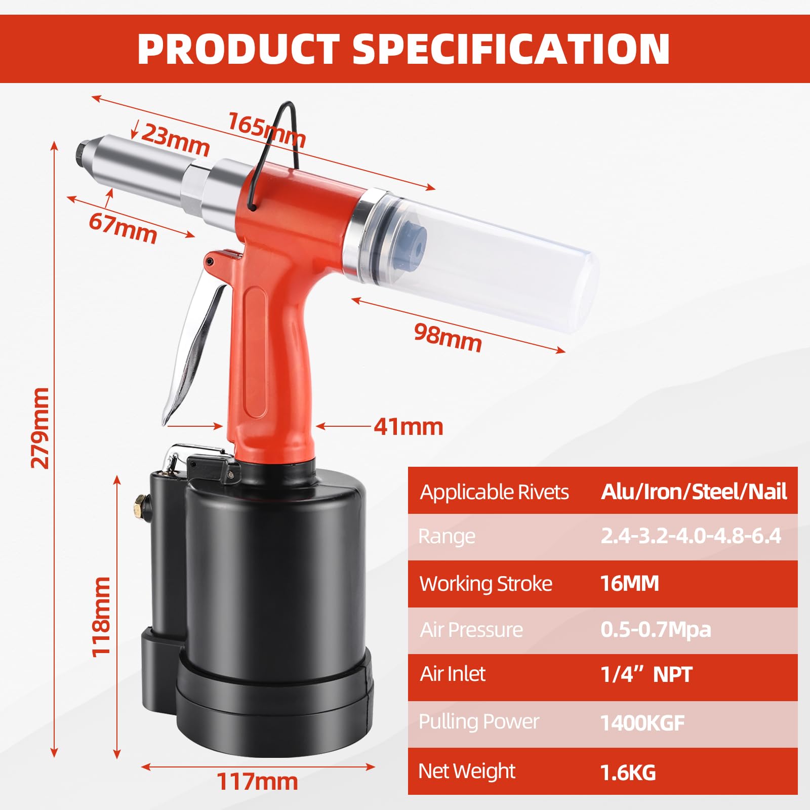 8MILELAKE Pneumatic Pop Rivet Gun Air Riveter Tool Heavy Duty Riveting Machine with 5 Sizes Nosepieces and 3 Claw Clips