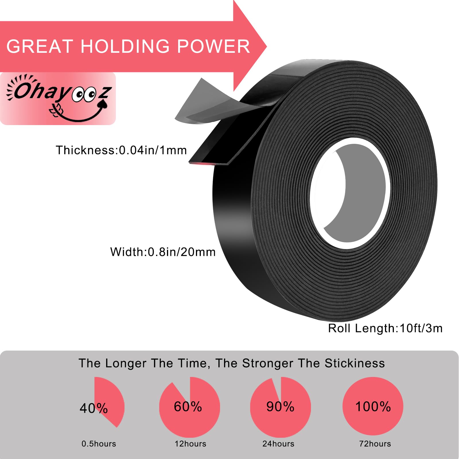 Ohayooz Extra Strong Double Sided Tape Heavy Duty 10FT, Very Sticky Adhesive Double Sided Mounting Tape Waterproof, Works Great Indoors and Outside, Walls, Automotive, Home Office Deco