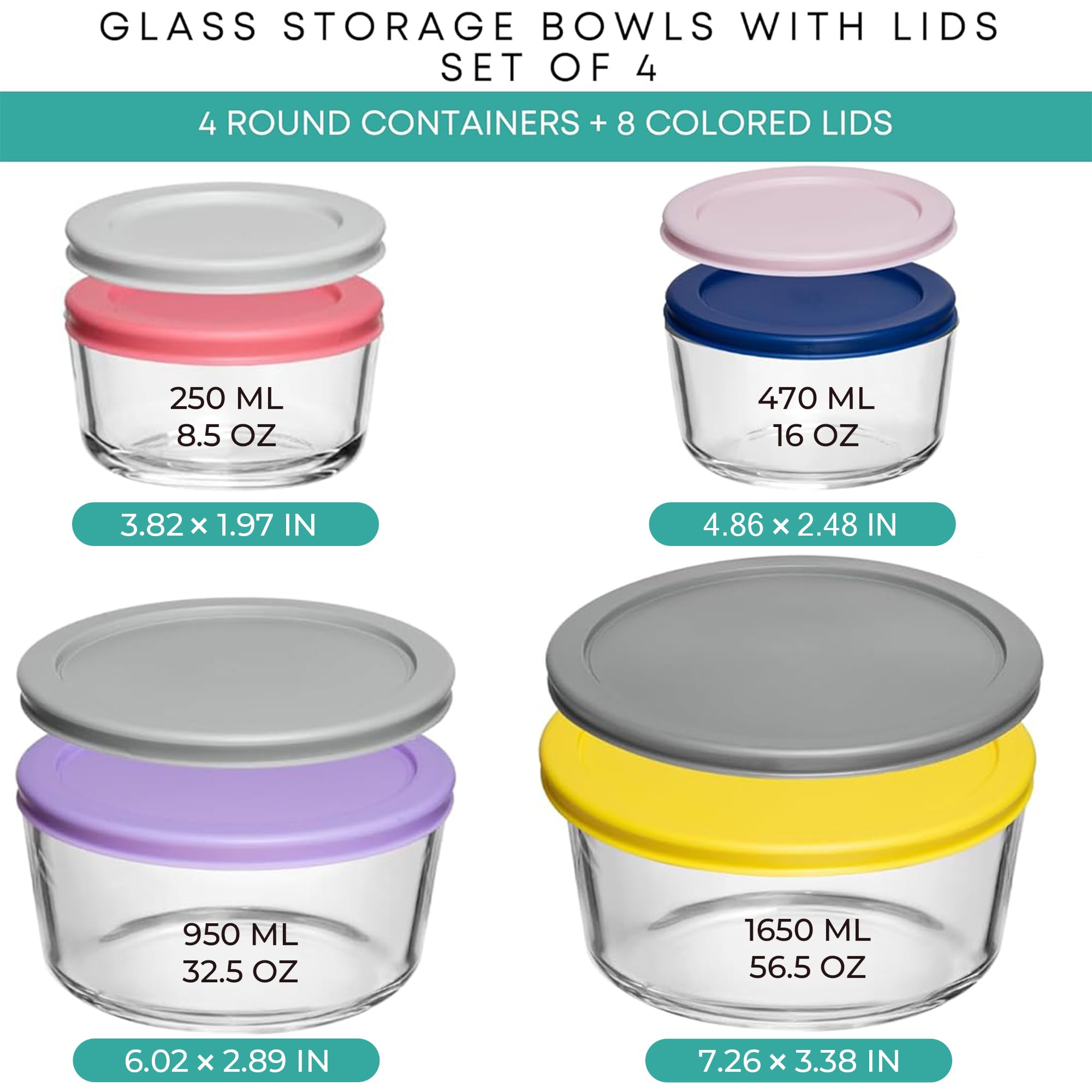 Razab 12 Pc Glass Bowls with Lids - 4 Containers + 8 Lids [56, 32, 16 & 8 Oz] Round Food Storage Containers, Glass Meal Prep Containers for Freezer - Mixing Bowls, Microwave, Dishwasher & Oven Safe