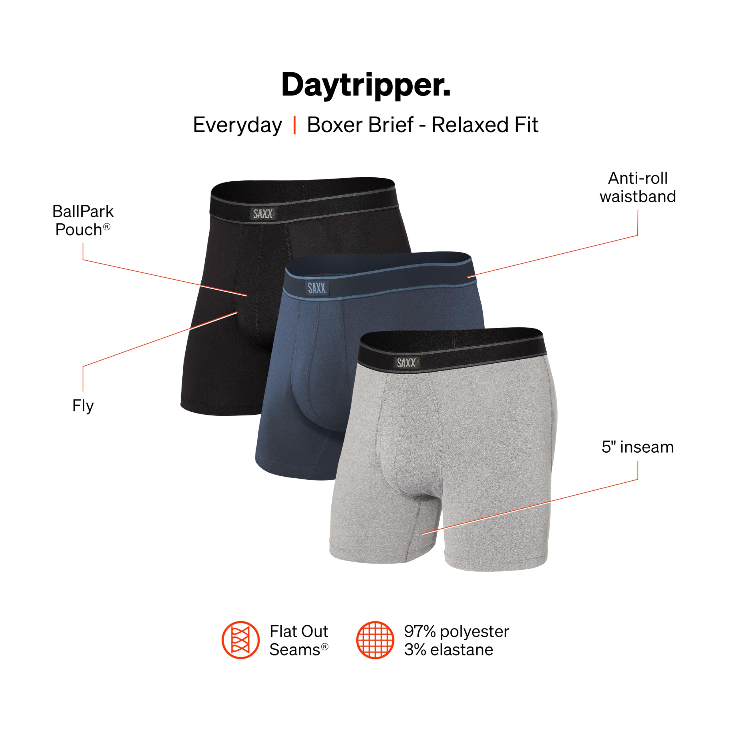 SAXX Underwear Co. Men's Daytripper Boxer Brief Fly 3Pk, Black/Grey/Navy, Medium