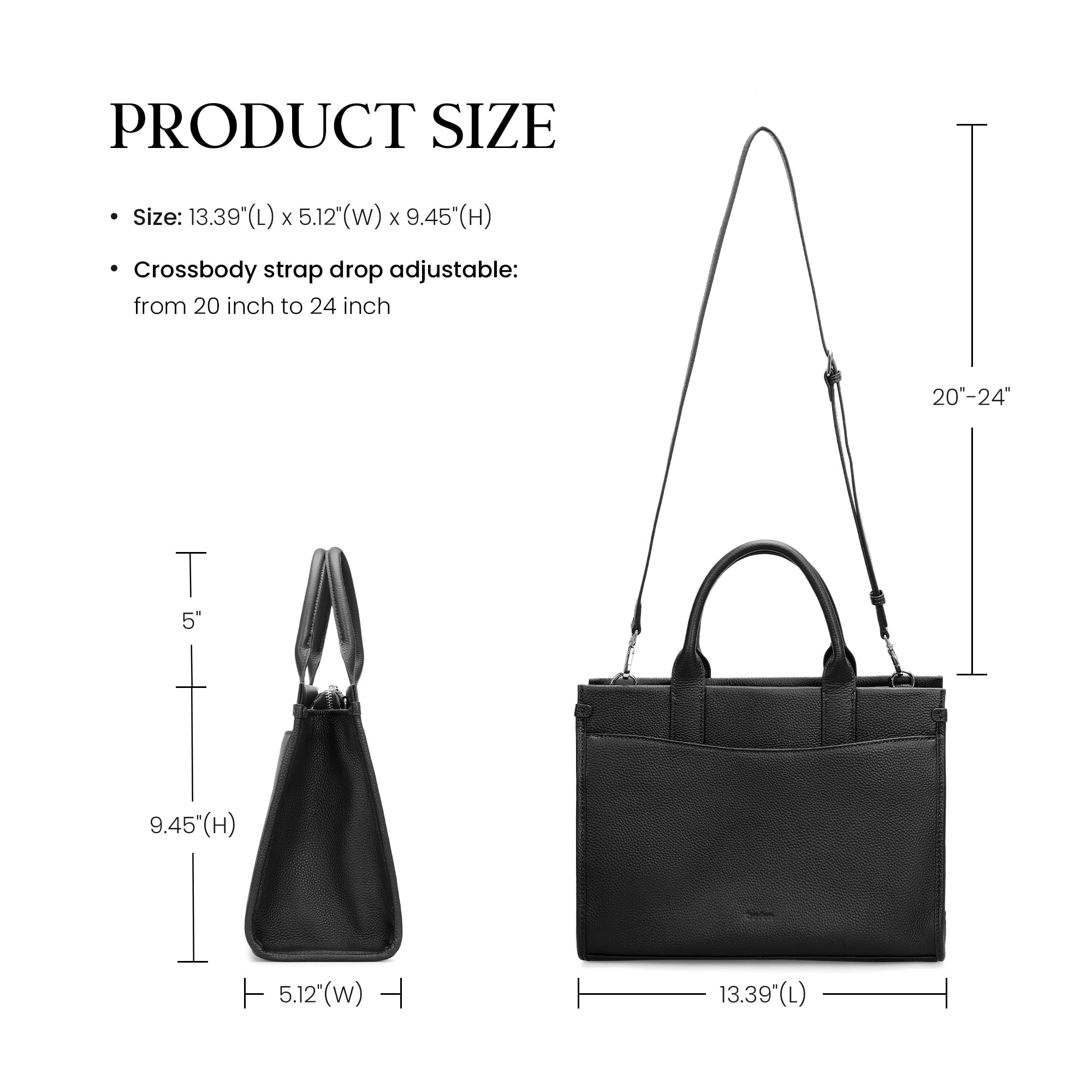 befen Genuine Leater Tote Bag, Medium Satchel Bags for Women with Top-handle, Womens Purses and Handbags Shoulder Crossbody Designer Satchel Handbags with Zipper Crossbody Strap, Black