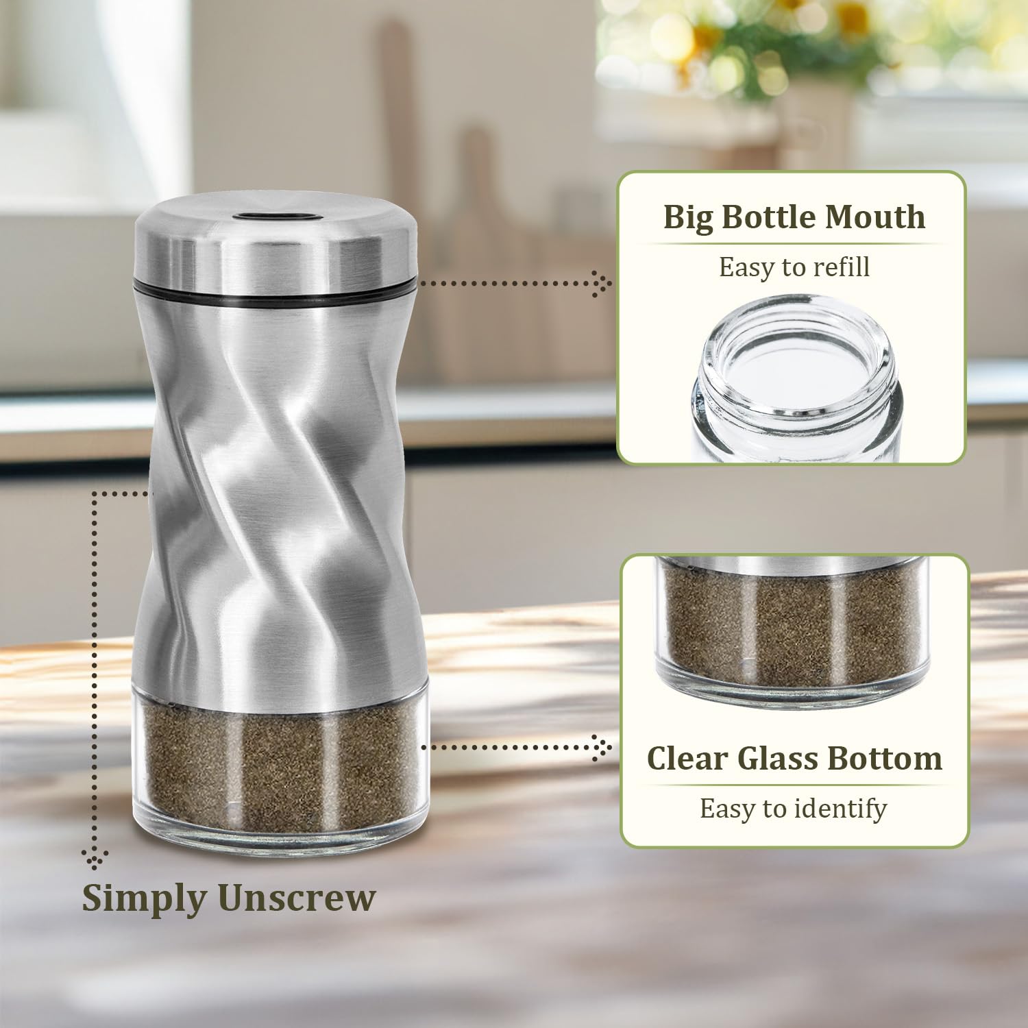 Glass Salt and Pepper Shakers Set, Adjustable Pour Holes for Fine or Coarse Spices, 4 oz Glass Salt Shaker, Refillable Spice Shakers for Himalayan & Kosher Salt, Pepper, Cinnamon – For Kitchen & Table