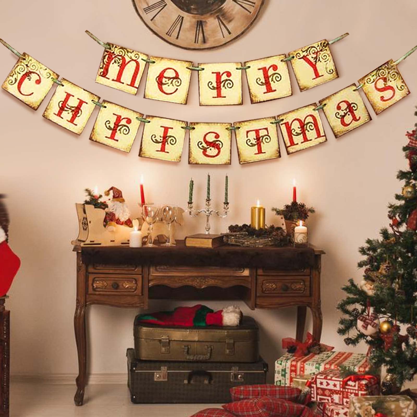 Christmas Decorations - Vintage Merry Christmas Banner - Retro Nostalgic Traditional Old Fashioned Victorian Xmas Holiday Decor for Indoor Home Office Fireplace Mantle Farmhouse