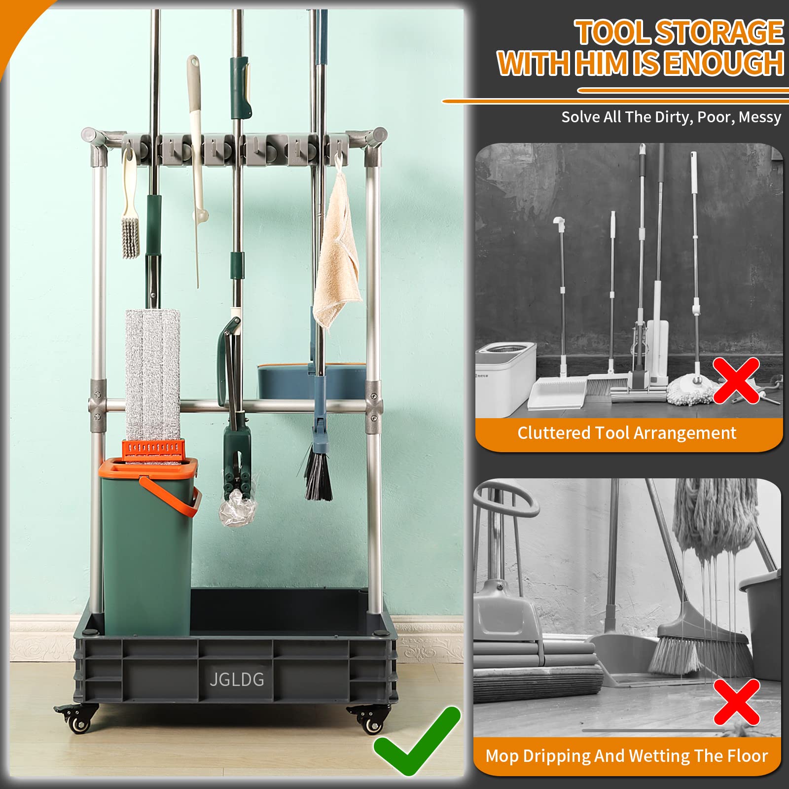 Broom mop Holder Cleaning Supplies Organizer Janitor carts on Wheels Housekeeping Station Storage Tools for Garage, Garden, Closet, Cabinet