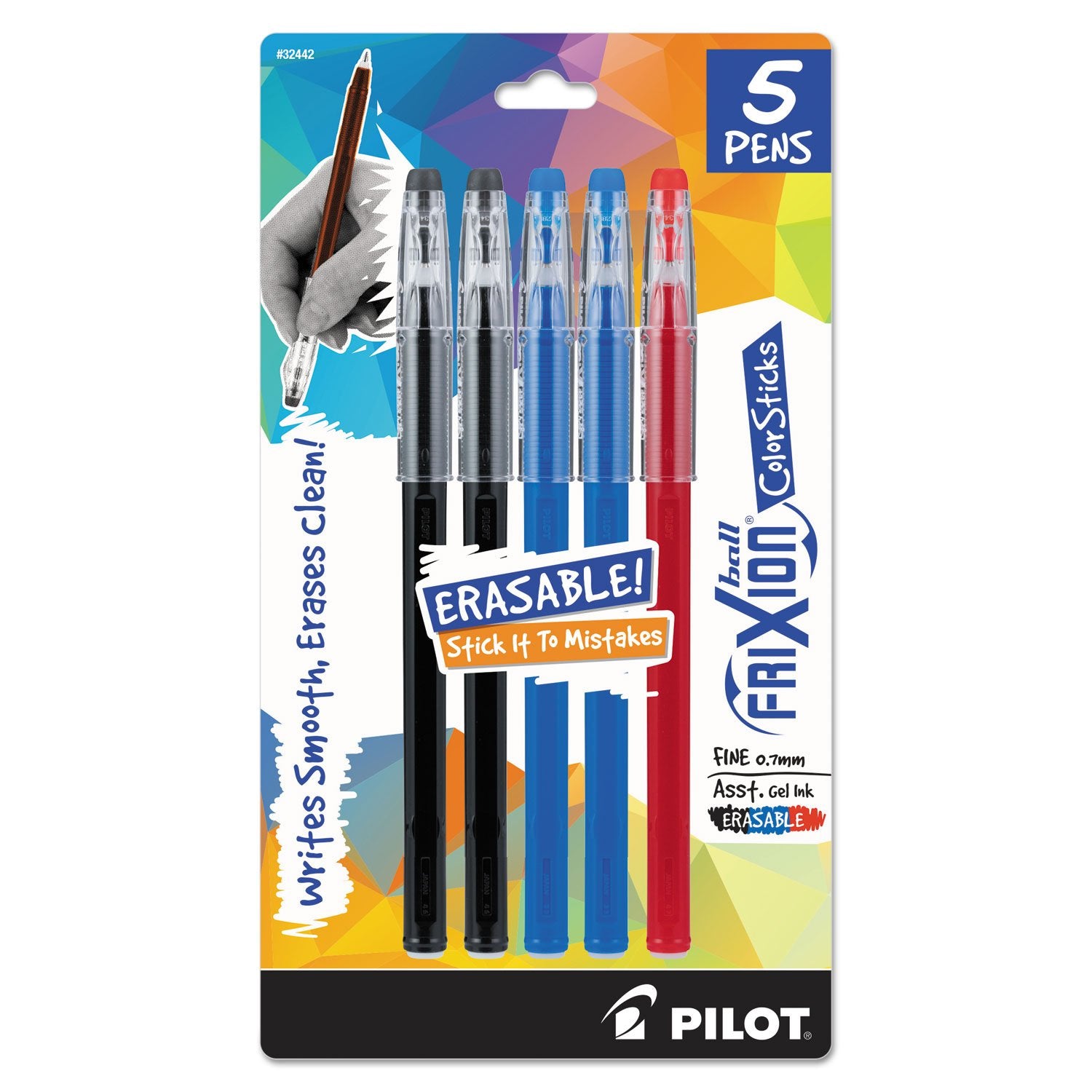 Pilot, FriXion ColorSticks Erasable Gel Ink Pens, Fine Point 0.7 mm, Pack of 5, 2 Black, 2 Blue & 1 Red