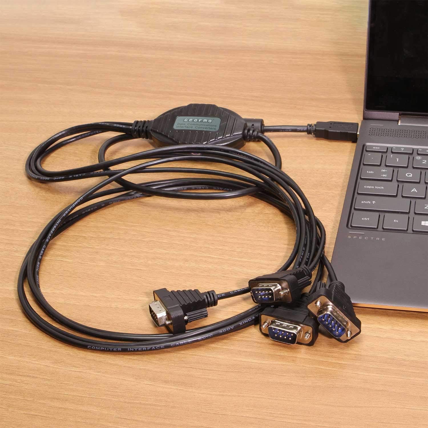 Gearmo 4 Port USB to Serial RS232 Adapter FTDI Chipset, Supports Win 11, 10, 8, 7, Linux, Mac w/ESD and Surge Protection