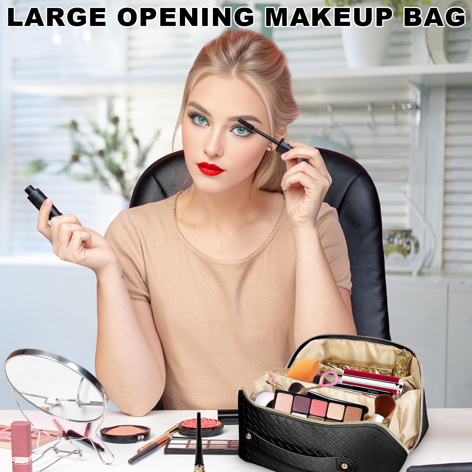 AURUZA Large Capacity Makeup Bag, Travel Cosmetic Bag With Handle and Divider Flat Lay Organizer Portable Toiletry Bag,Makeup Storage Brush for Women (Black)