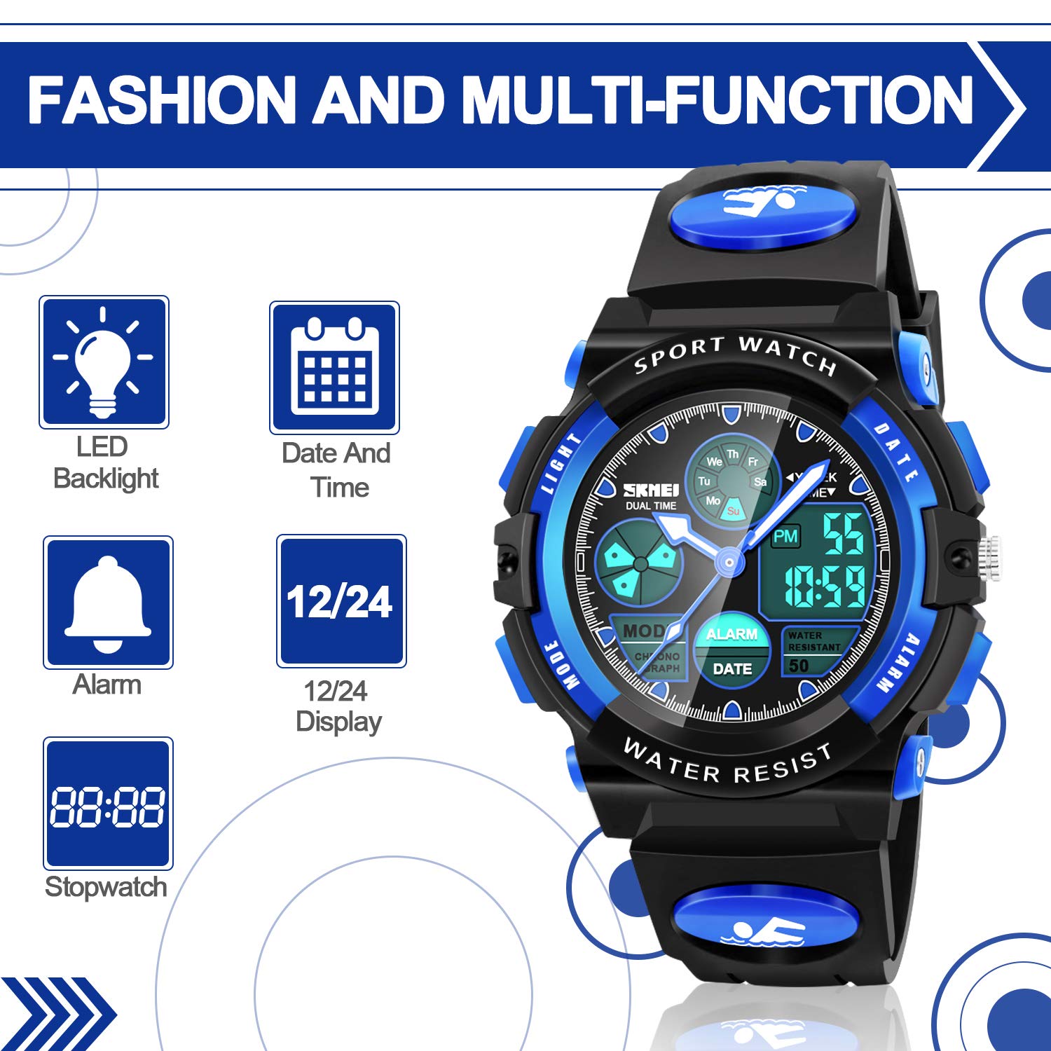 Dodosky Boy Toys Age 5-12, LED 50M Waterproof Digital Sport Watches for Kids Birthday Presents Gifts for 5-13 Year Old Boys - Blue