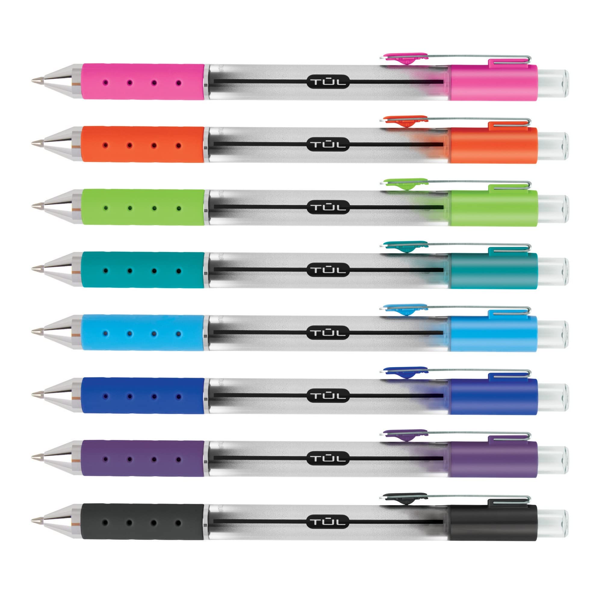 TUL Retractable Gel Pens, Needle Point, 0.5 mm, Gray Barrel, Assorted Bright Ink Colors, Pack Of 8