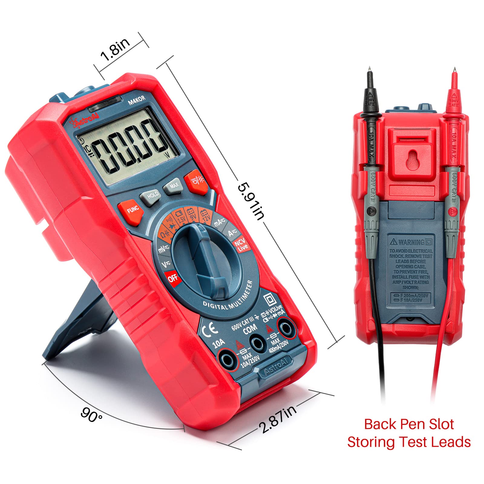 AstroAI Multimeter Tester, TRMS 4000 Counts Volt Meter Auto-Ranging Ohmmeter Digital 1.5v/9v/12v Battery Voltage Tester Measure Voltage Current Resistance Diodes Continuity Capacitance with NCV