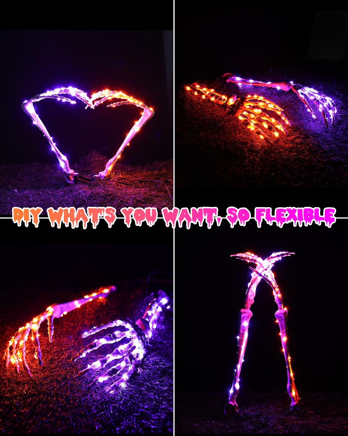 Solar Halloween Decorations Skeleton Hands - 100 LED Fairy Lights 2 pcs Skeleton Hand Stakes with 8 Lighting Modes Waterproof for Halloween Deocr Outdoor (Orange & Purple)