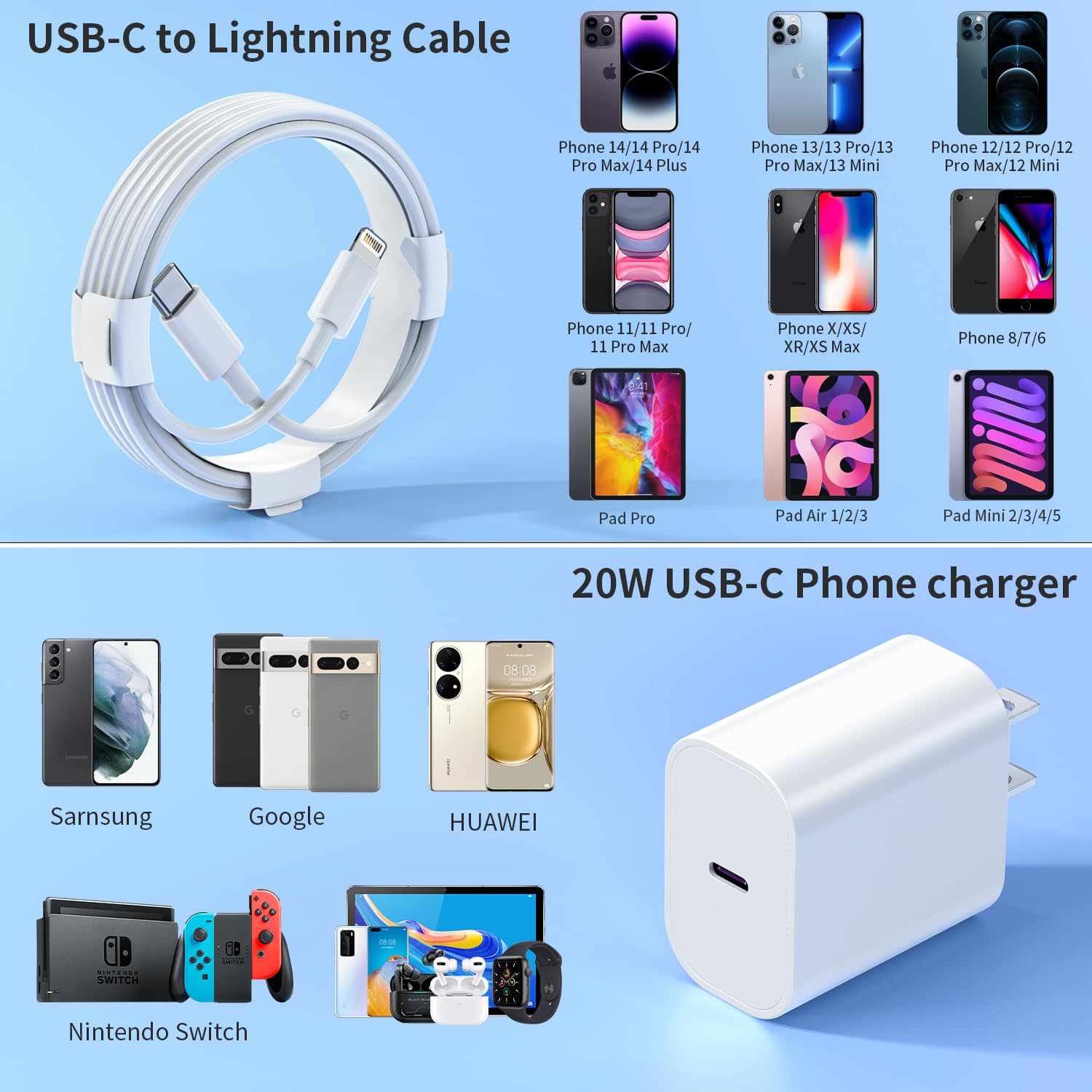 USB C Charger [MFi Certified] iPhone Charger Fast Charging 3Pack 20W Type C Wall Charger Block with 6FT USB C to Lightning Cable Compatible with for iPhone 14Pro/13 Pro/12 Pro Max/11/XS Max/XS/XR/X/8