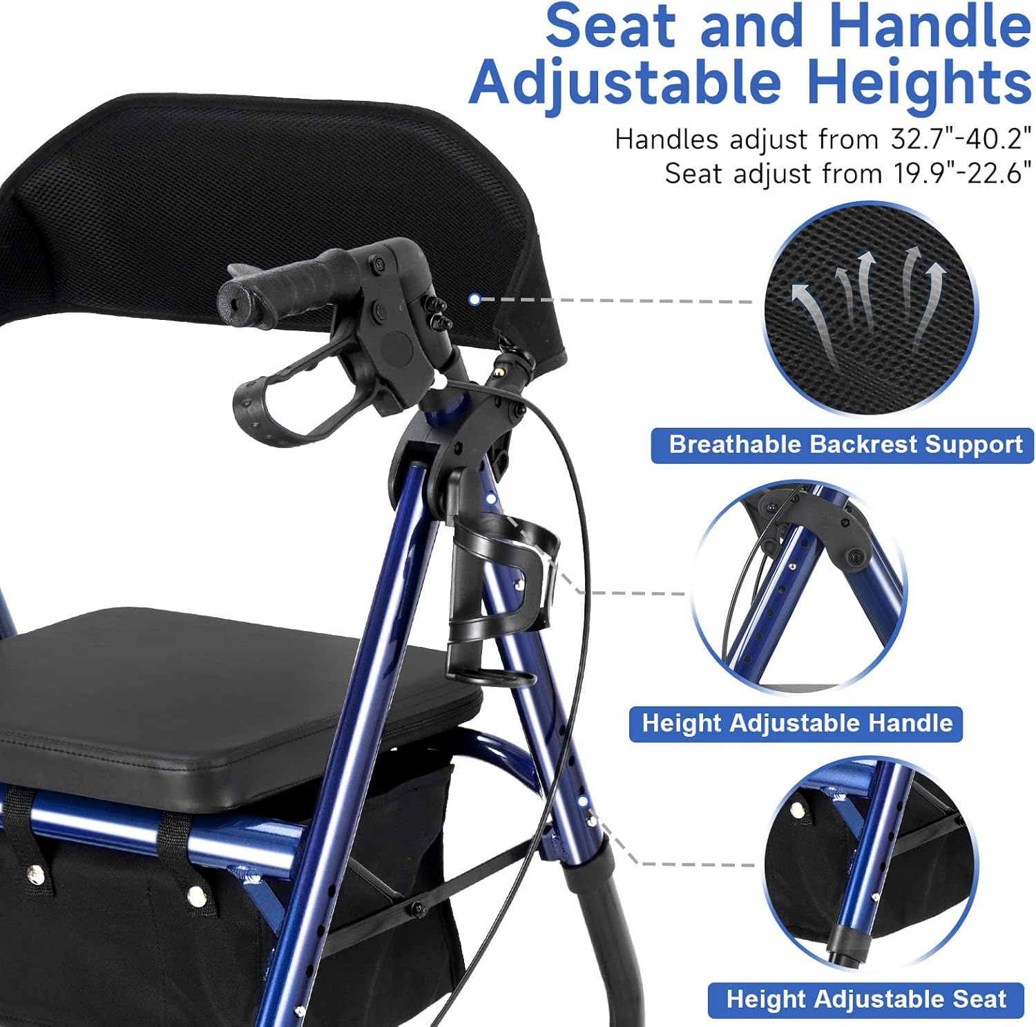 Lightweight Rollator Walker with Seat & Backrest - Foldable Mobility Aid for Seniors, 8" Large Airless Tires, Adjustable Height, Brake,Storage Bag,300 lbs Capacity, 4 Wheel Rolling Walkers for Adults