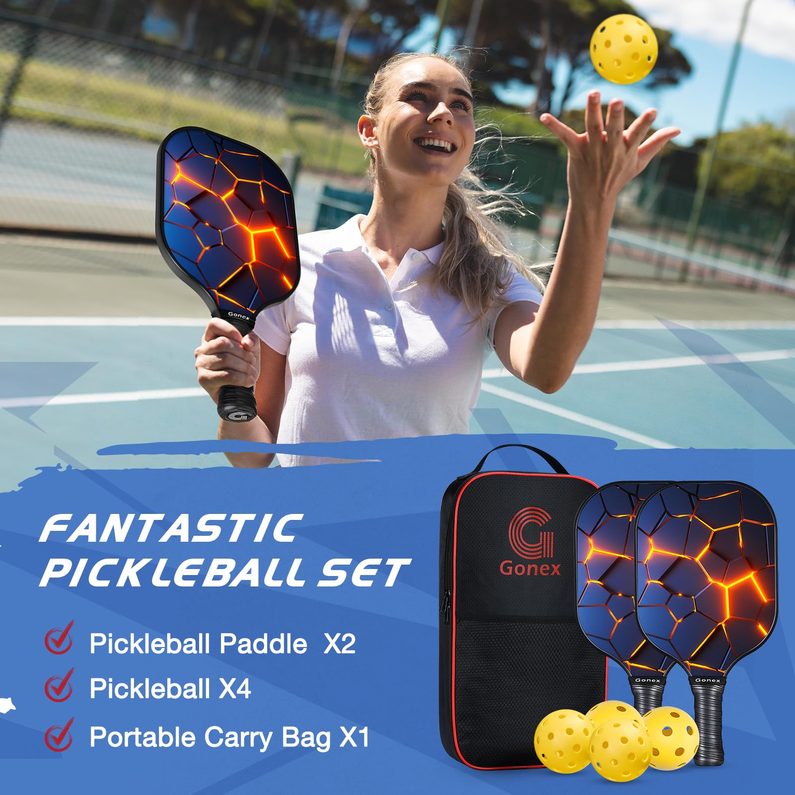 Gonex Pickleball Paddles, USAPA Approved Graphite Pickleball Rackets with Comfort Grip, Carbon Fiber Pickleball Set of 2/4 Paddles with 4 Balls, Portable Carry Bag