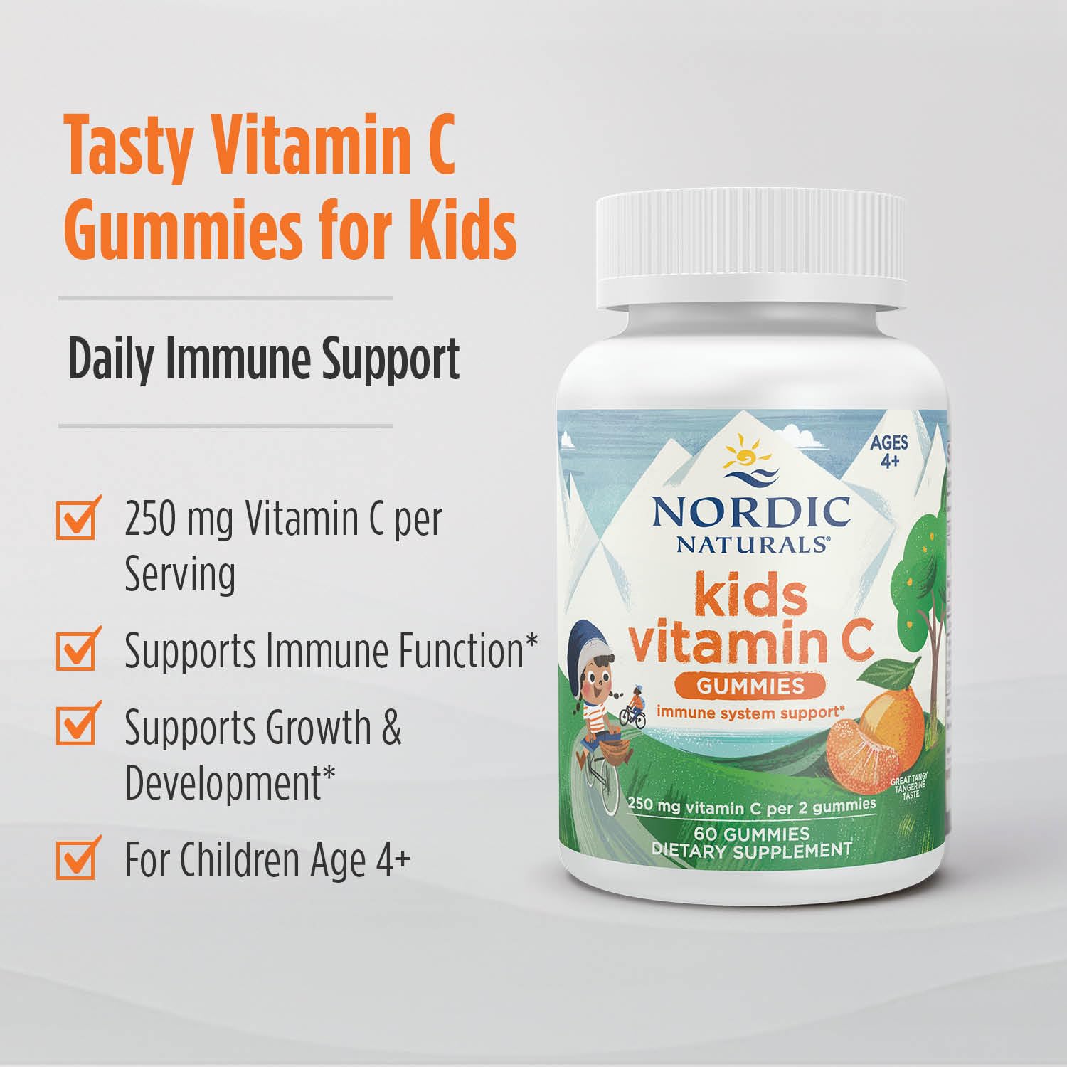 Nordic Naturals Kids Vitamin C Gummies - Tangy Tangerine - 60 Gummies - Vegan Vitamin C Supplement - Children’s Immunity and Antioxidant Support - 250 mg Vitamin C per Serving - 30 Servings