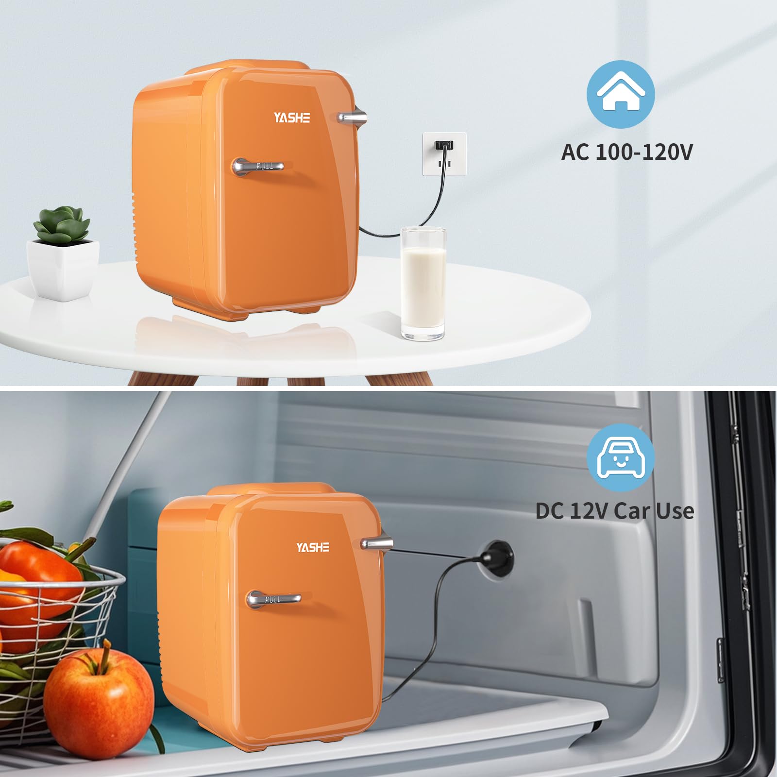 YASHE Mini Fridge, 4 Liter/ 6 Cans Skincare Fridge for Bedroom, 110V AC/ 12V DC Thermoelectric Cooler and Warmer for Drink, Office, Car, Orange